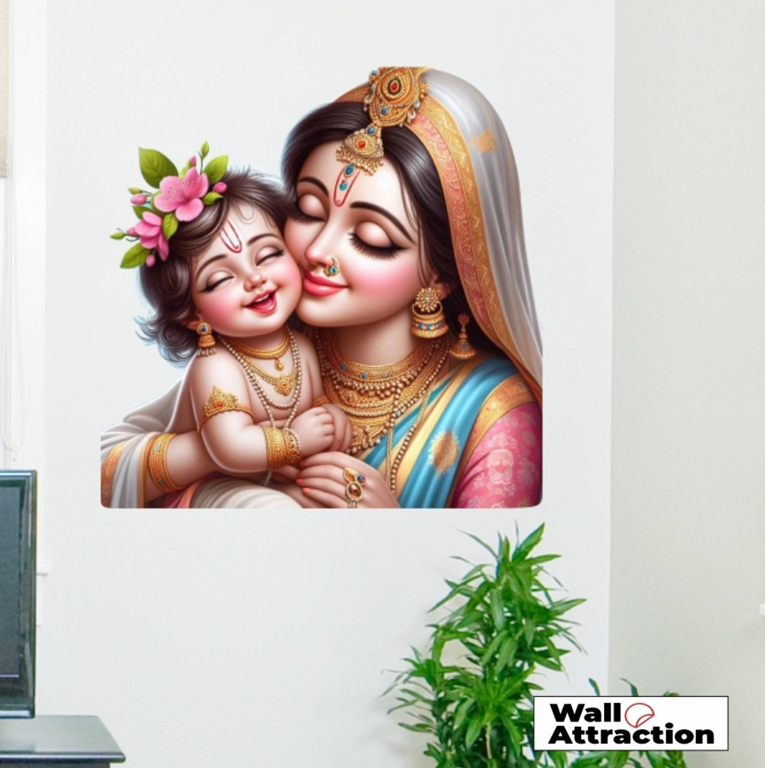 Wall Attraction 15.5 inch Yashoda Maiya and Bal Krishna Wall Sticker Self Adhesive Sticker