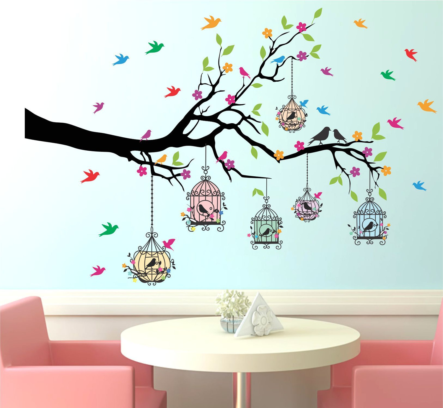 Image of WallHunt 127 cm PVC Vinyl Tree And Flowers Wall Self Adhesive Sticker (Pack of 1)