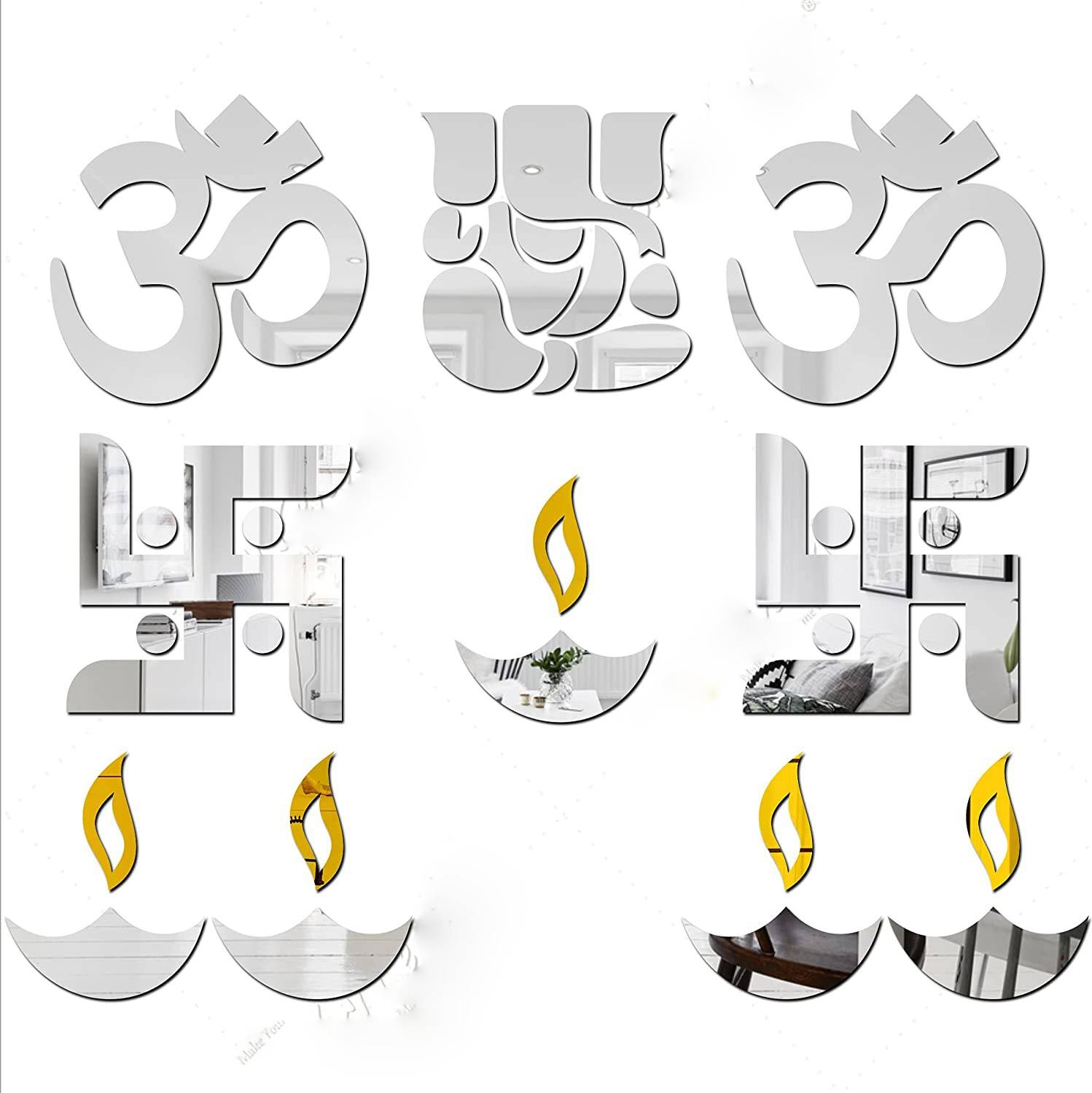 Bikri Kendra 13.97 cm Ganesha Combo - 3D Acrylic Wall Mount Mirror Stickers- Silver Self Adhesive Sticker