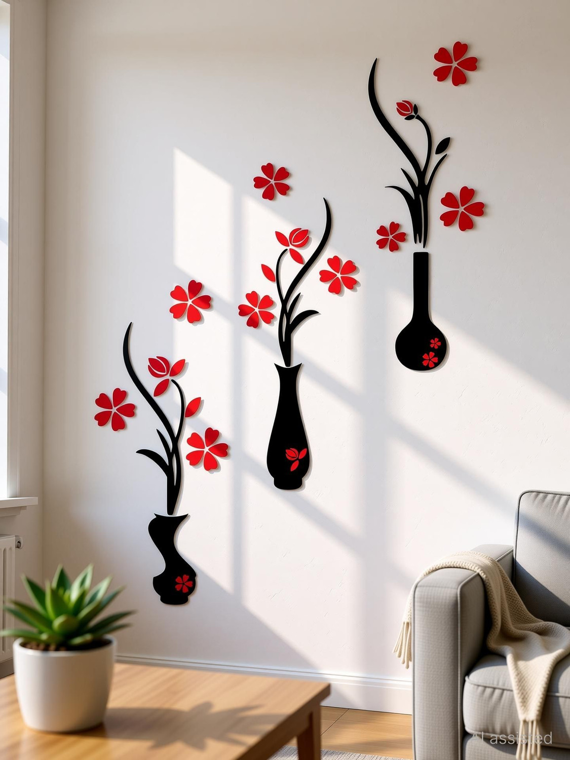 Image of SV collections 136 cm inchBeautiful Red Flowers Pots inch Wall Stickers ( Pack Of 1 ) Self Adhesive Sticker