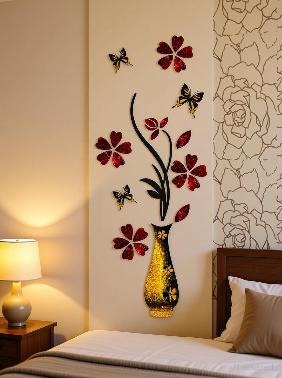 Image of DivineDesigns 40 cm Flowers with Vase Golden Pots Self Adhesive Sticker (Pack of 1)