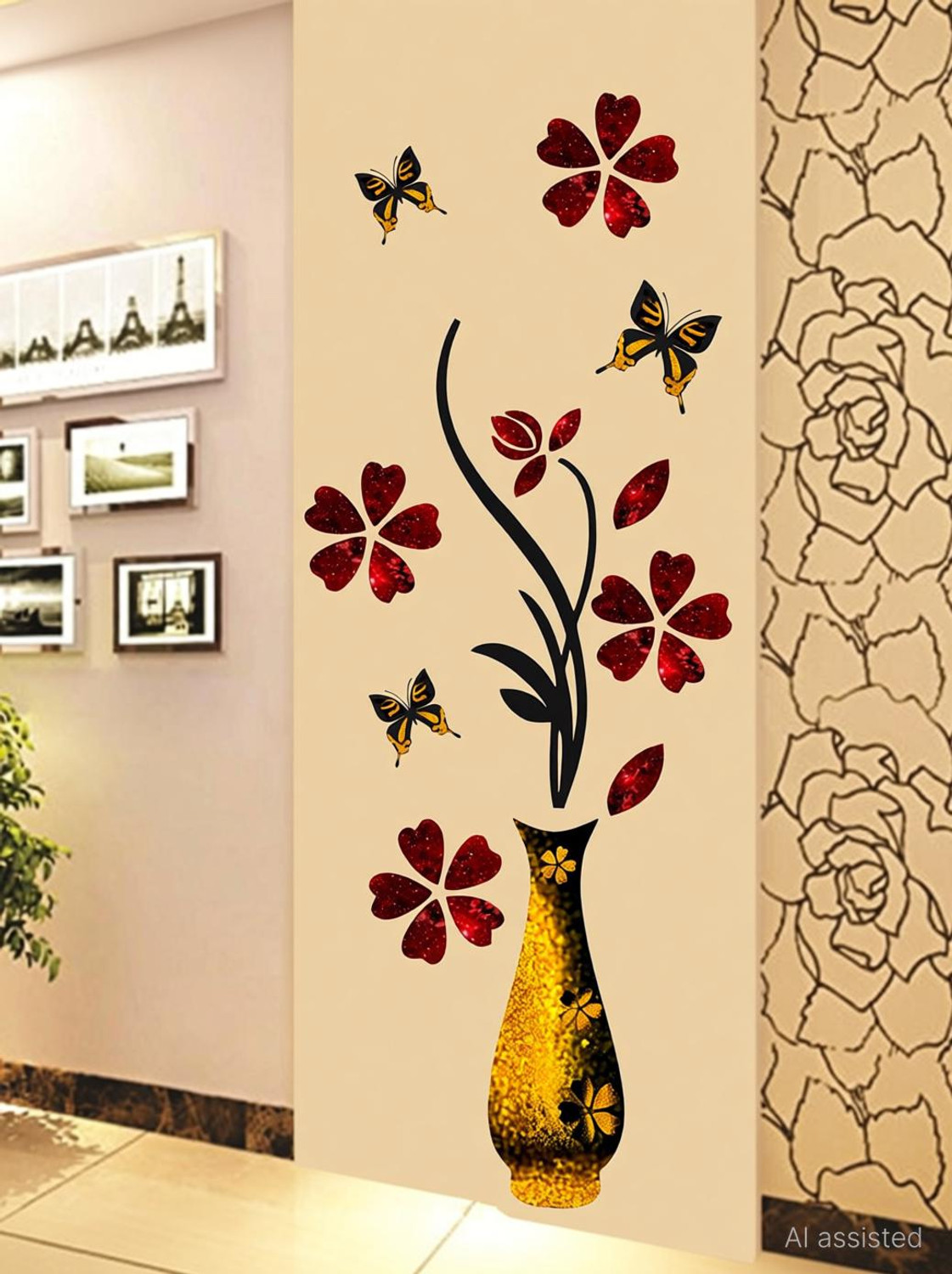 Image of DivineDesigns 40 cm Flowers with Vase Golden Pots Self Adhesive Sticker (Pack of 1)