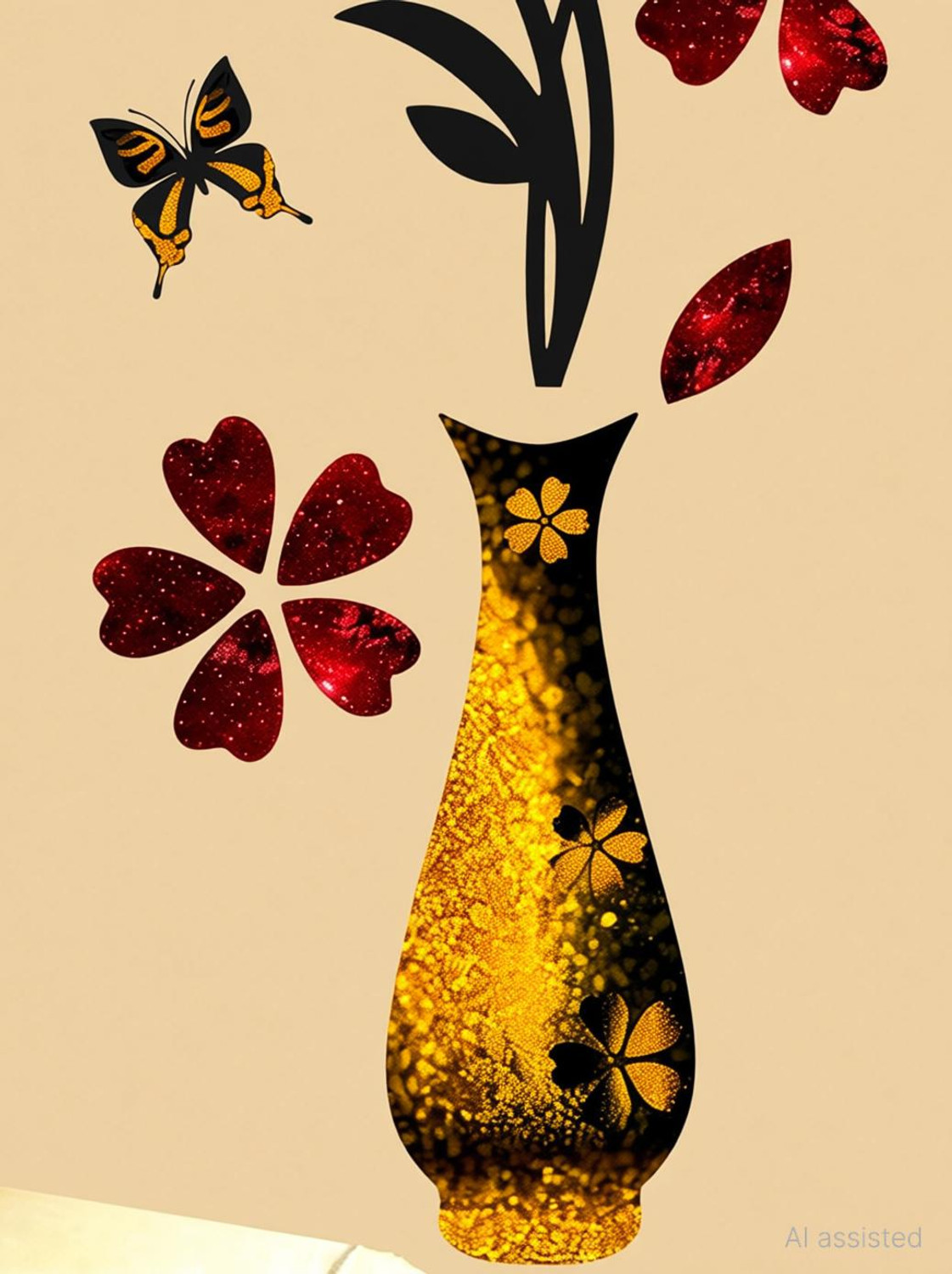 Image of DivineDesigns 40 cm Flowers with Vase Golden Pots Self Adhesive Sticker (Pack of 1)