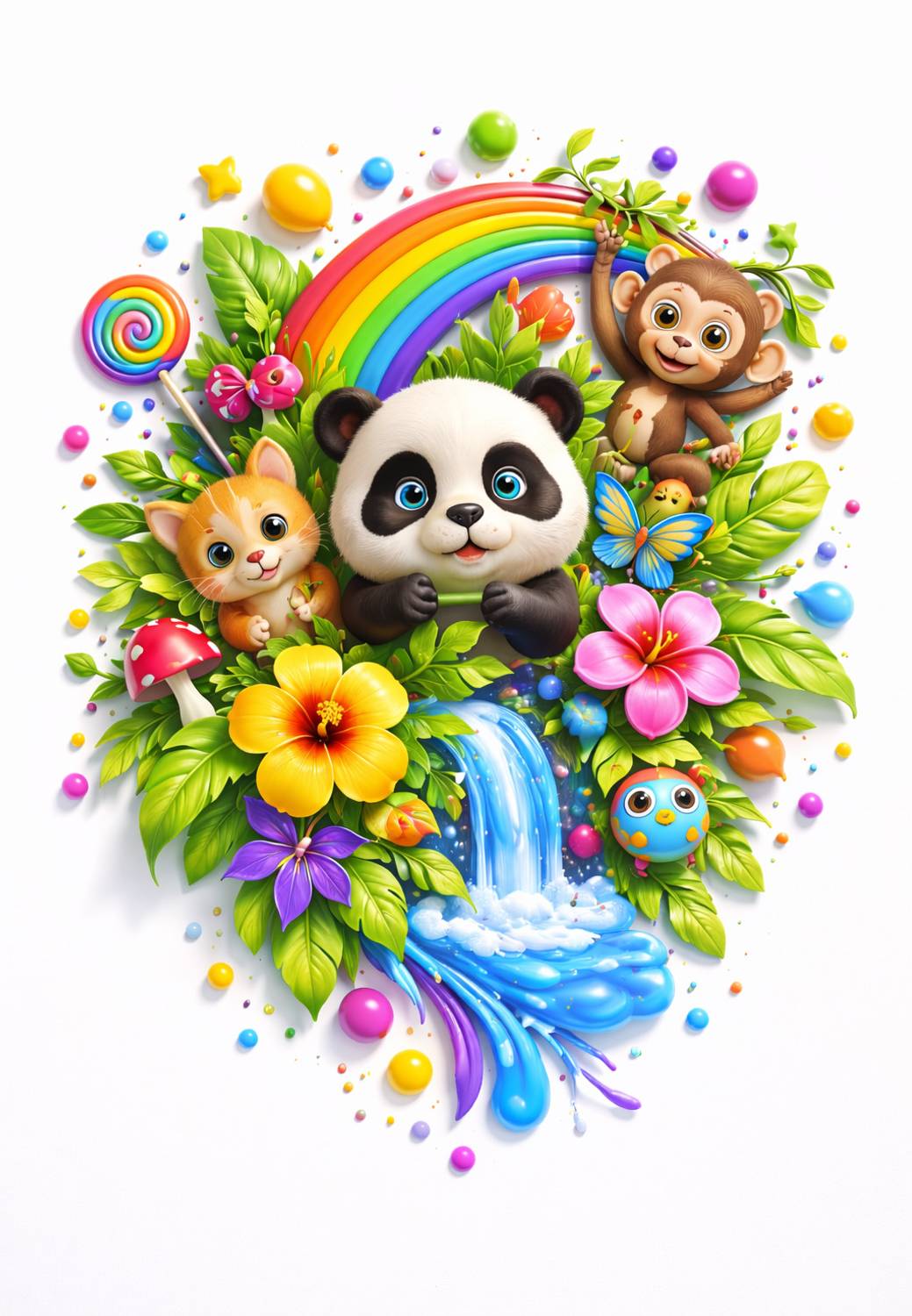 artisian inkwork 55 cm Colorful Animals Wall Sticker with Rainbow, Panda, Self Adhesive Sticker