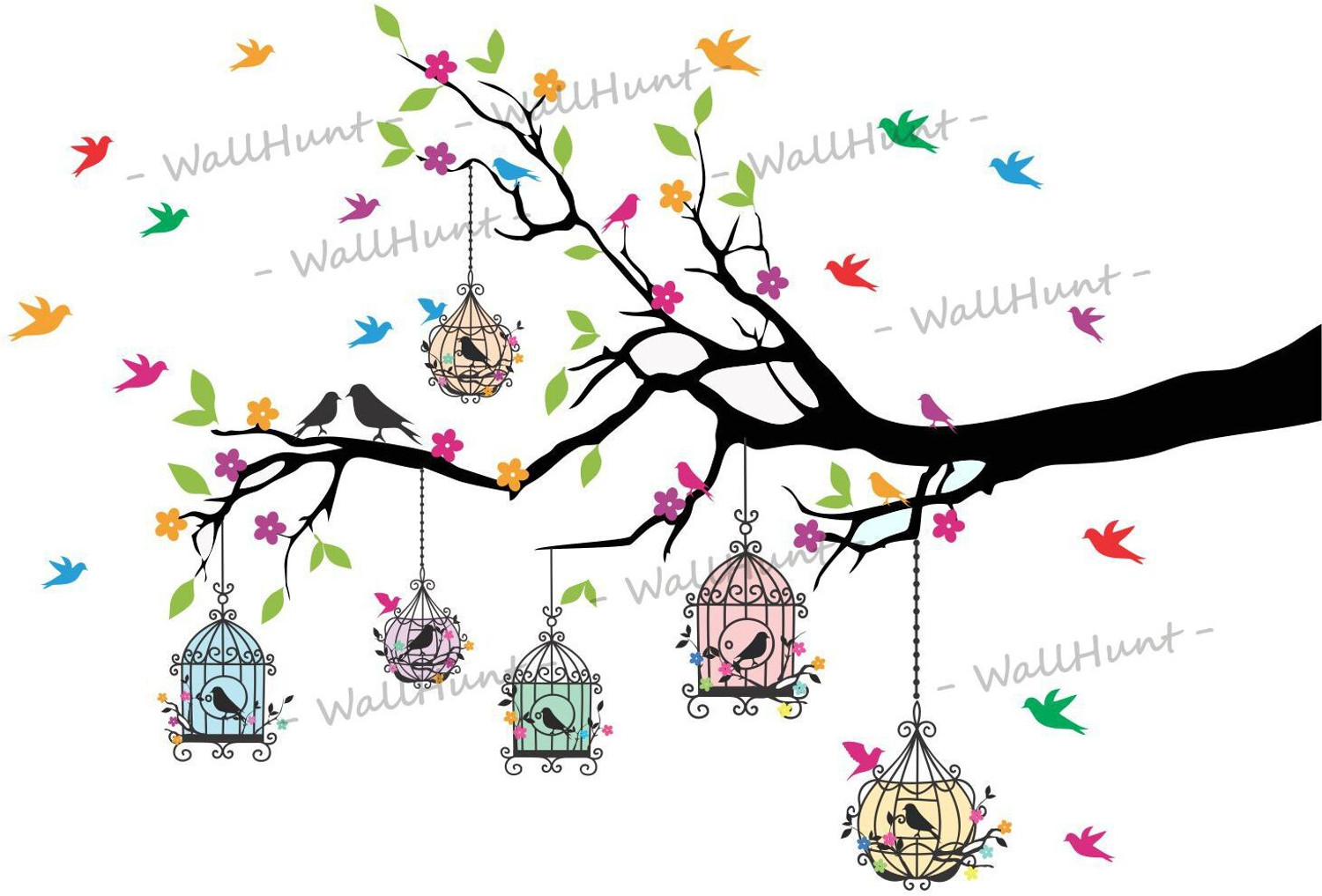 Image of WallHunt 127 cm PVC Vinyl Tree And Flowers Wall Sticker Self Adhesive Sticker (Pack of 1)