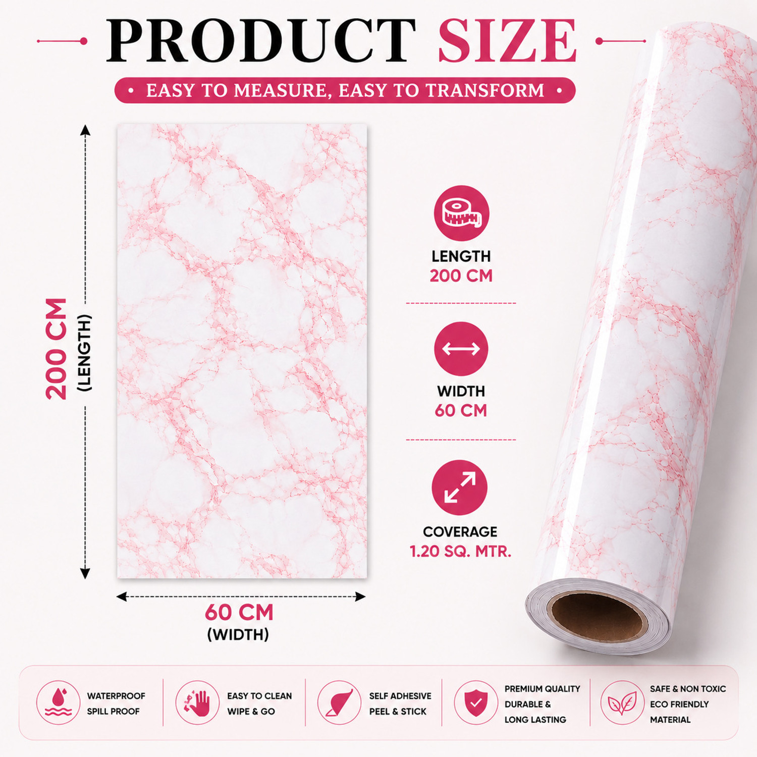 Image of Pamidhar 200 cm Self Adhensive Pink Marble Wallpaper Sticker For Decoration200x60cm(PACK OF1) Self Adhesive Sticker