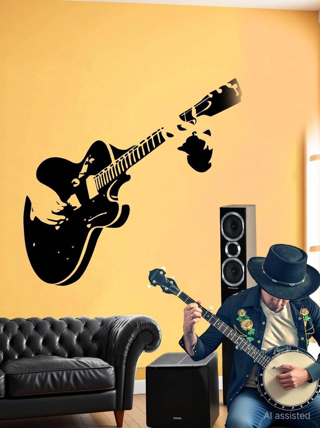 AH Decals 90 cm Musical Guitar Design Wall Sticker for Home Decor (90cm x 60 cm) Removable Sticker