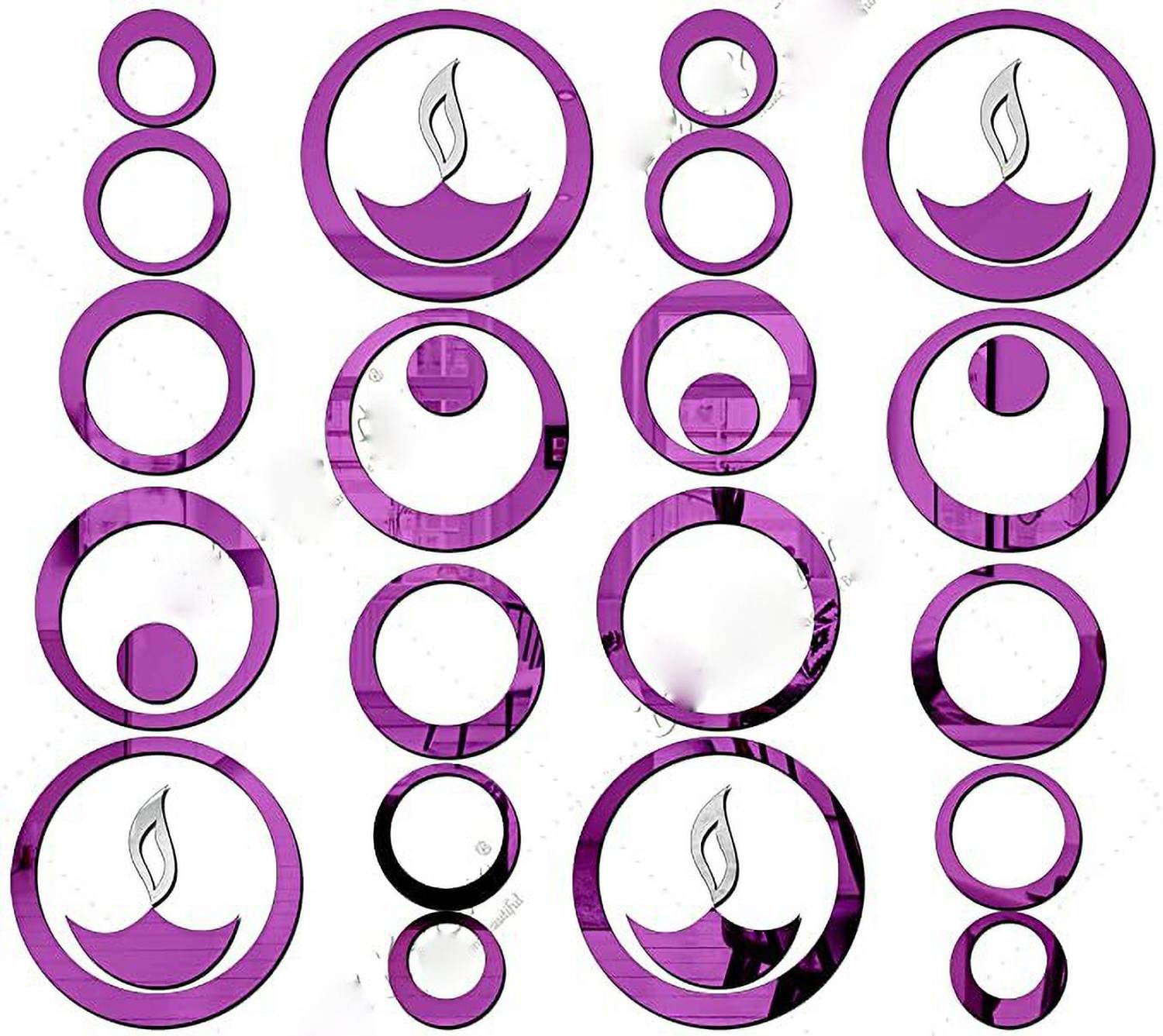 Bikri Kendra 14.4 cm Rings 24 Purple 4 Diya Purple - 3D Acrylic Mirror Wall Stickers Self Adhesive Sticker