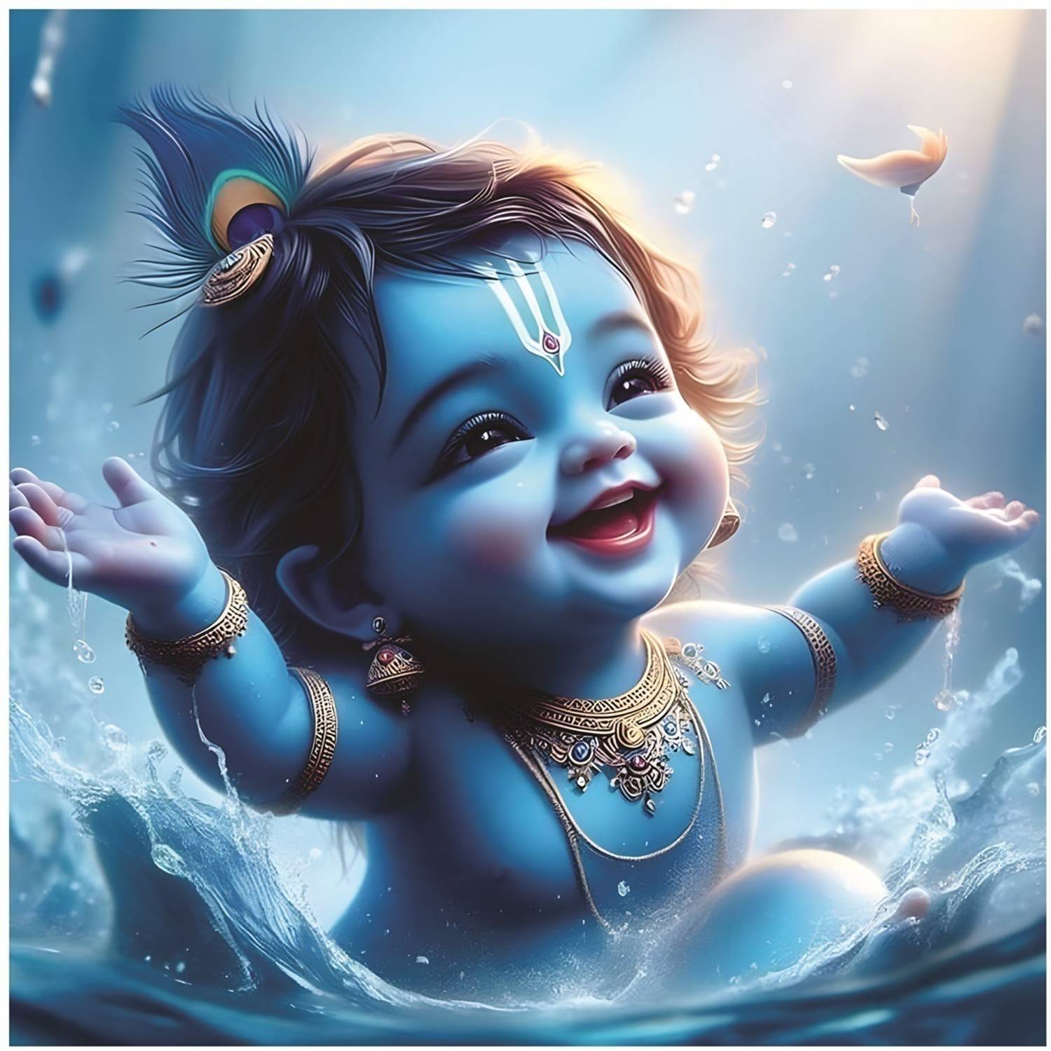 AnaBiaDecor 41 cm Baby Blue Bal Krishna With Cow God Wall Poster for Pooja Room Self Adhesive Sticker
