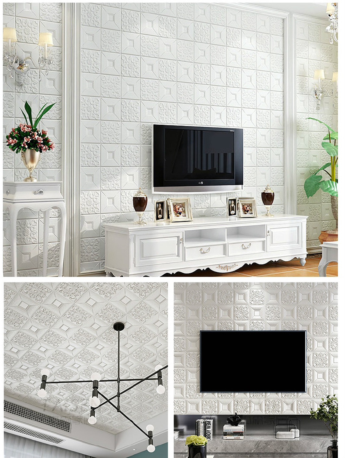 Image of Onbet 70 cm 3D Decorative Foam White With Wallpaper (70X70 CM) Self Adhesive Sticker