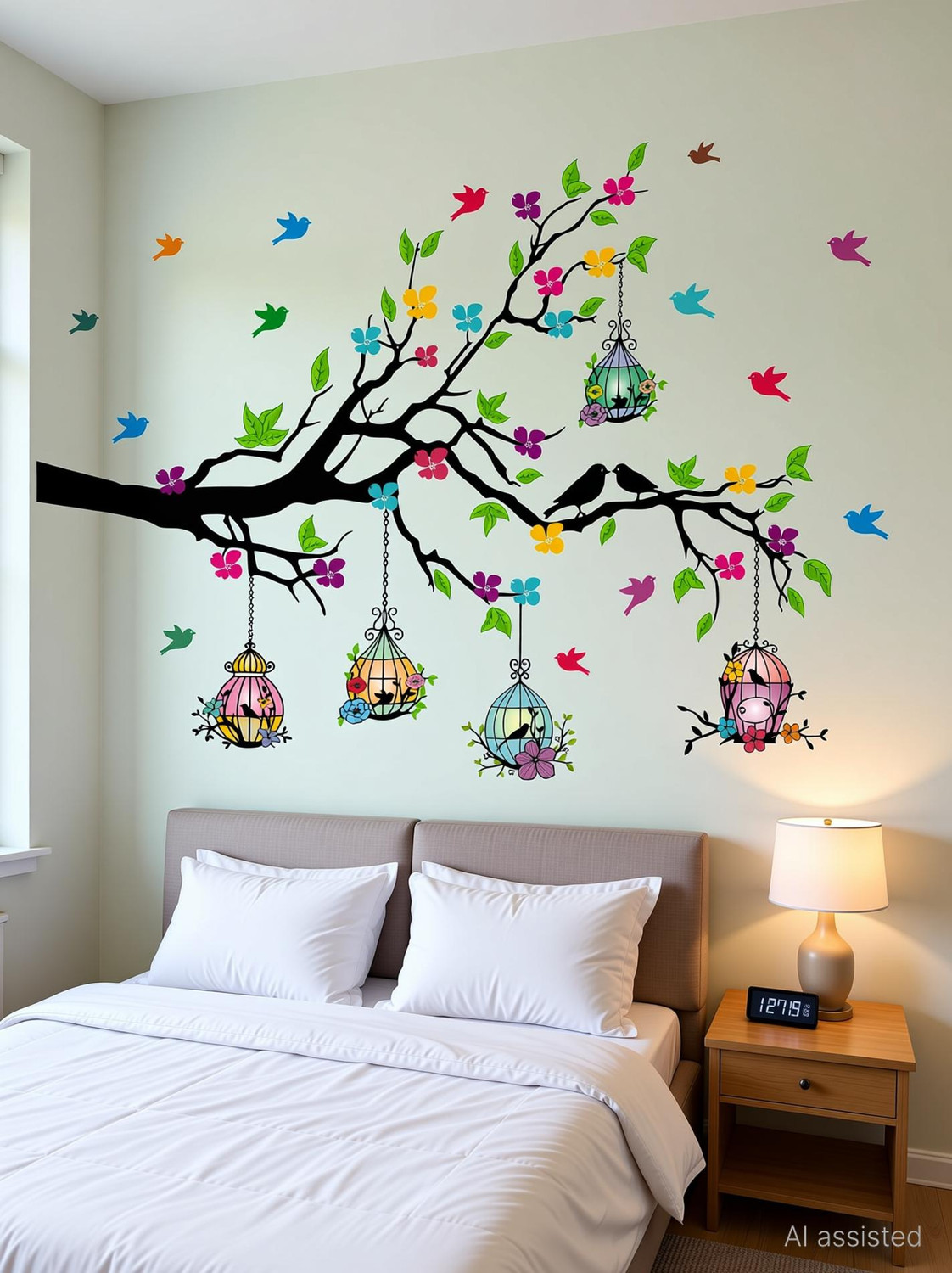 Image of Heaven Decors 127 cm Colorful Birdcage On Tree Branches - Flower- Sticker ( ideal size - Large ) Self Adhesive Sticker