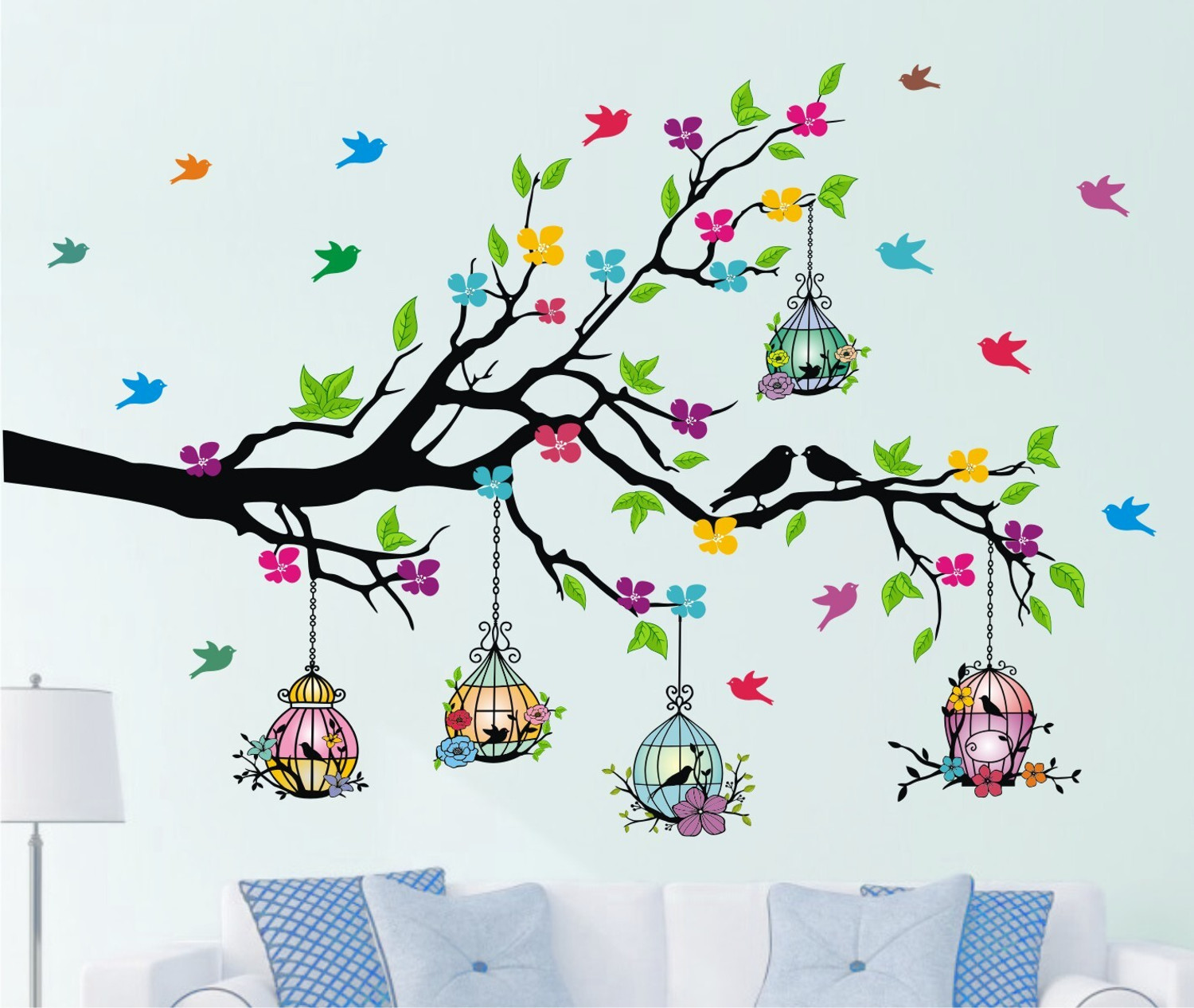 Image of Heaven Decors 127 cm Colorful Birdcage On Tree Branches - Flower- Sticker ( ideal size - Large ) Self Adhesive Sticker
