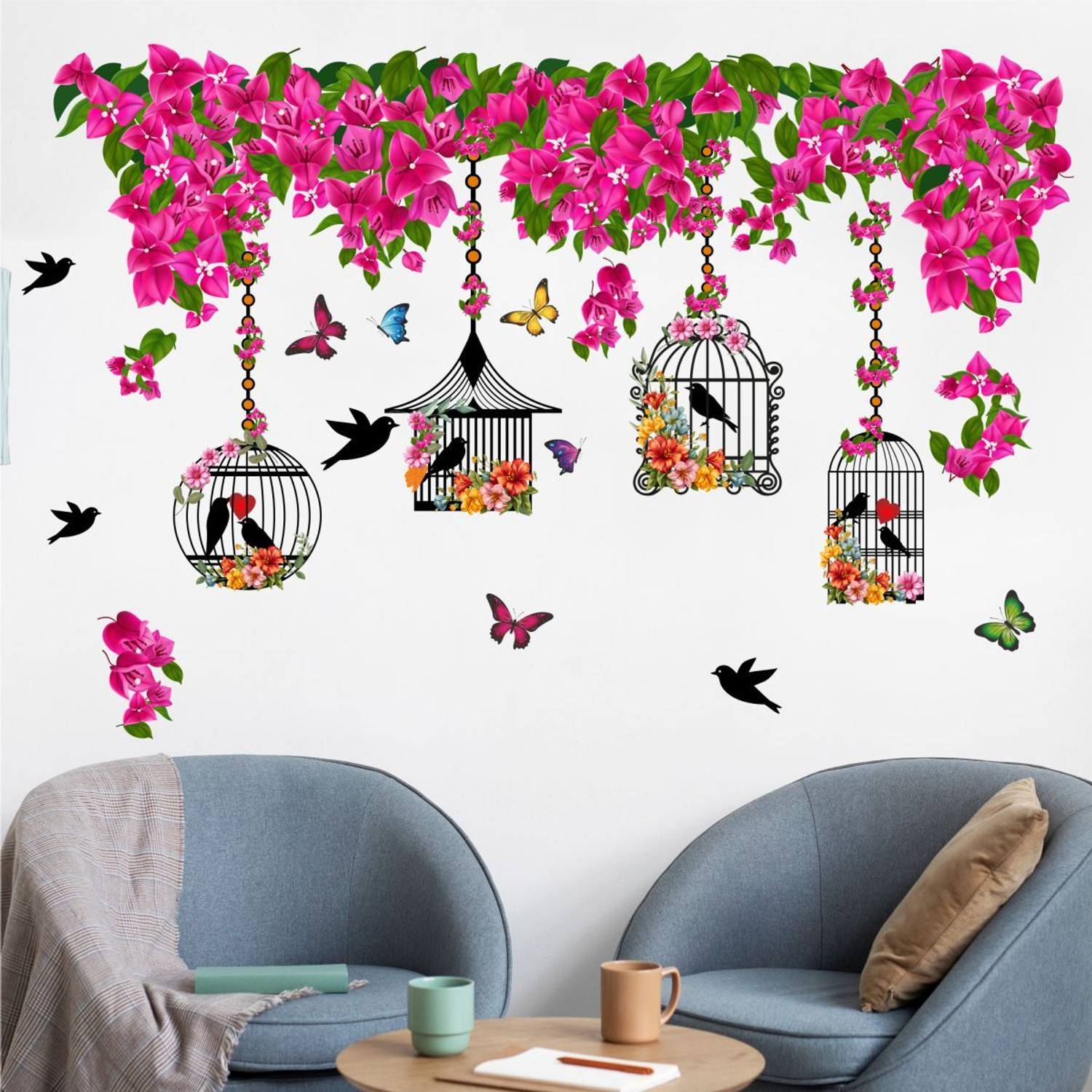 Image of Decal O Decal 60 cm Bird Cage With Pink Flowers & Butterflies Self Adhesive Sticker