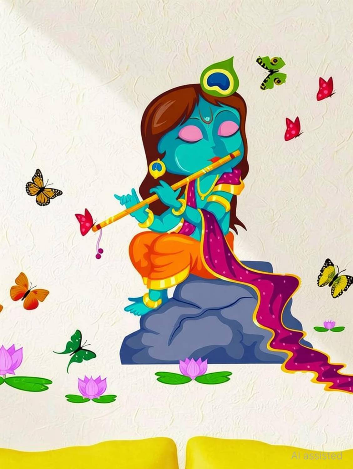 Aquire 105 cm Lord Krishna with Flute in Butterfly Background Wall Sticker Self Adhesive Sticker