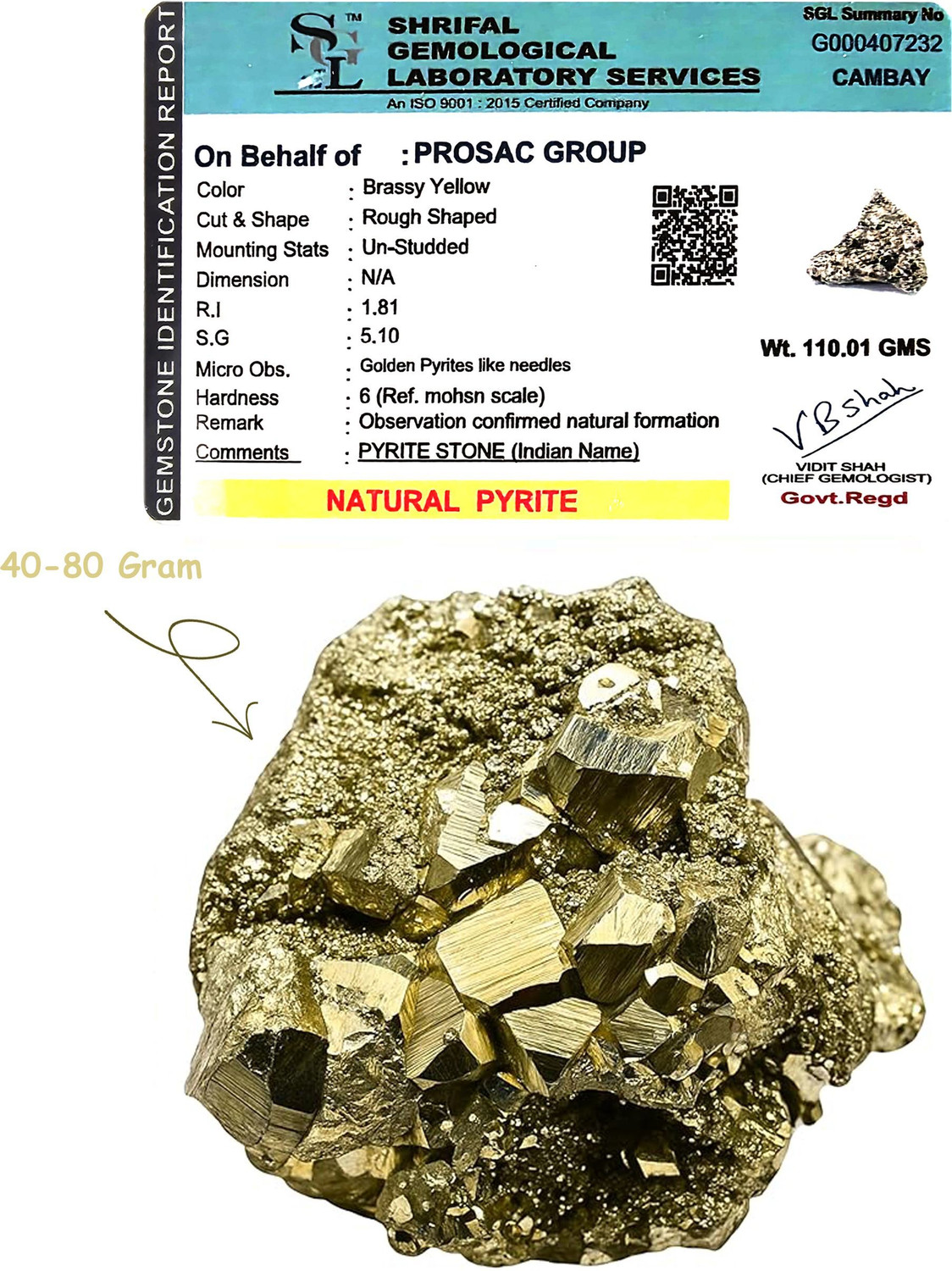 Image of Prosac Pyrite Stone Original Pyrite 40 to 80 Gram Regular Angular Crystal Stone