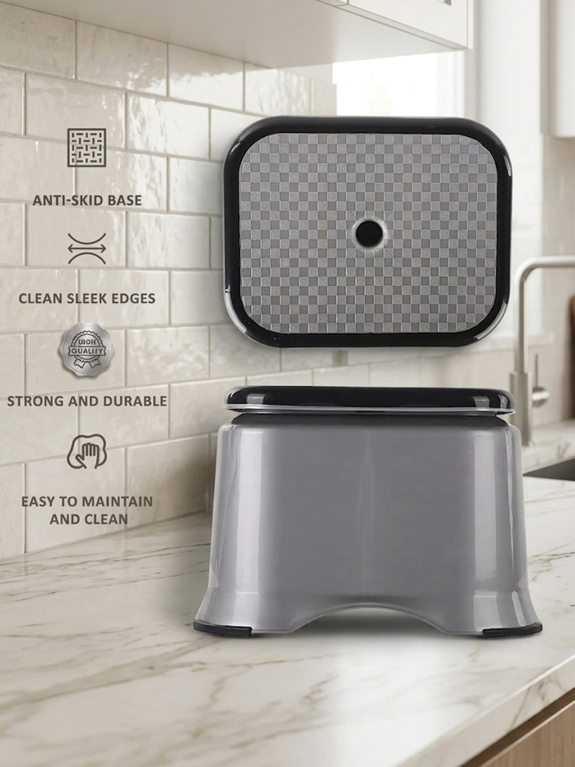 Image of KUBER INDUSTRIES Ultra 10 Multiuses Portable Plastic Bathroom Sitting Stool Bathroom Stool (Grey, Pre-assembled)