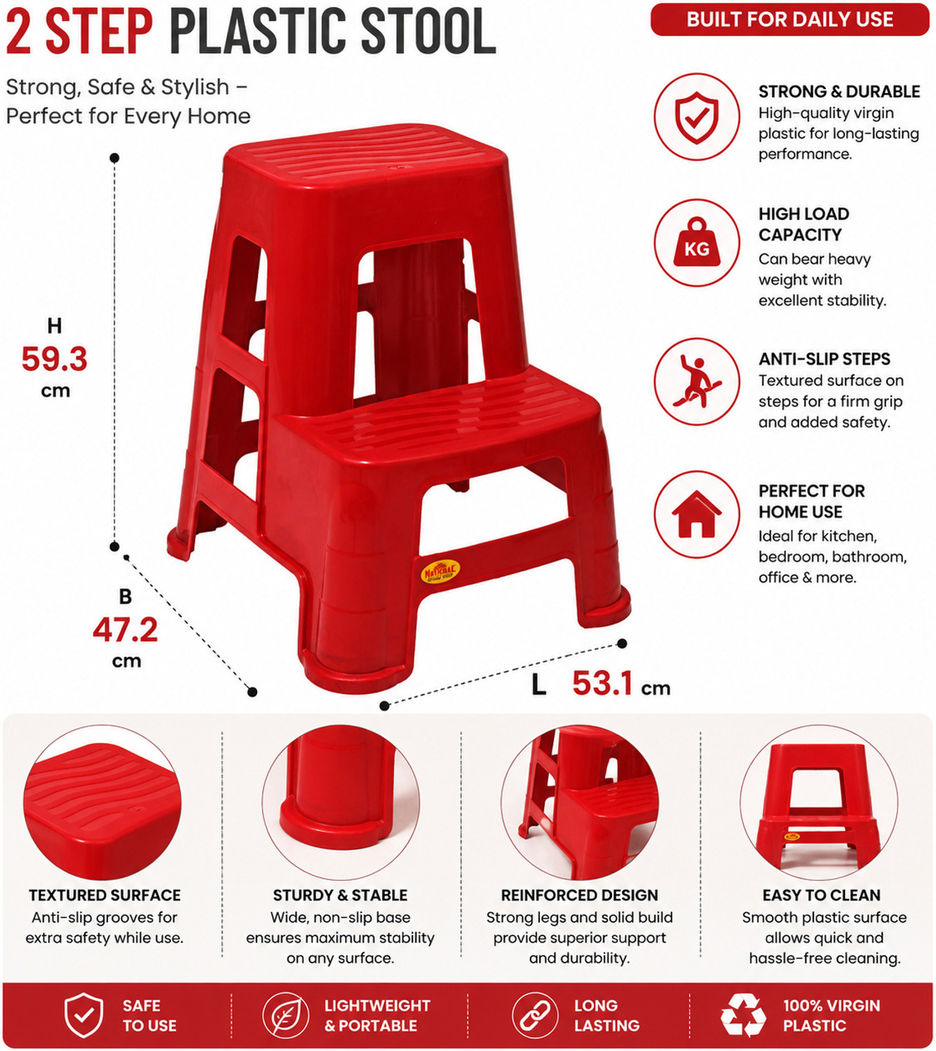 Image of NP NATIONAL Since 1952 Sigma Dual-Step Ladder Stool with Wide Base and Grip Treads Red Stool