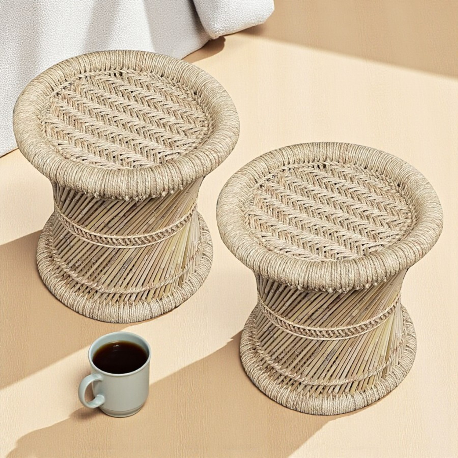 Image of Yashika Creations Pure handmade Bamboo Stool Mudda /mudha /muddi for living room /balcony /set of 2 Outdoor & Cafeteria Stool