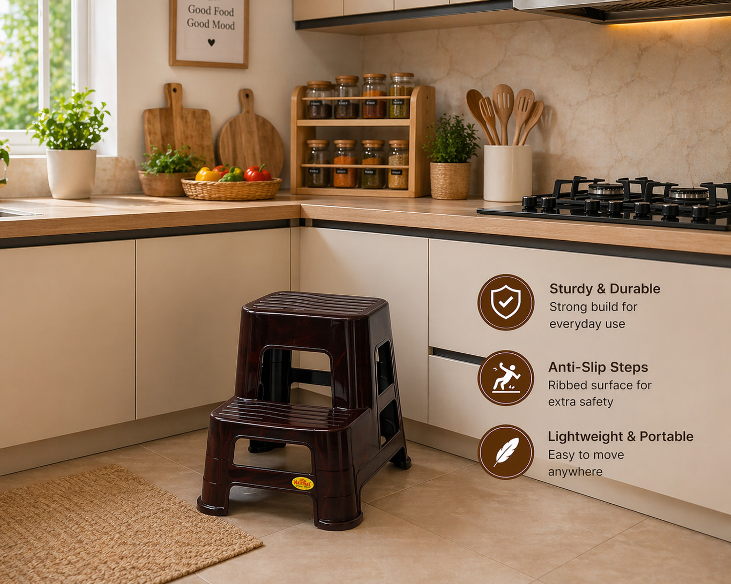 Image of NP NATIONAL Since 1952 Sigma Dual-Step Ladder Stool with Wide Base and Grip Treads Kitchen Stool