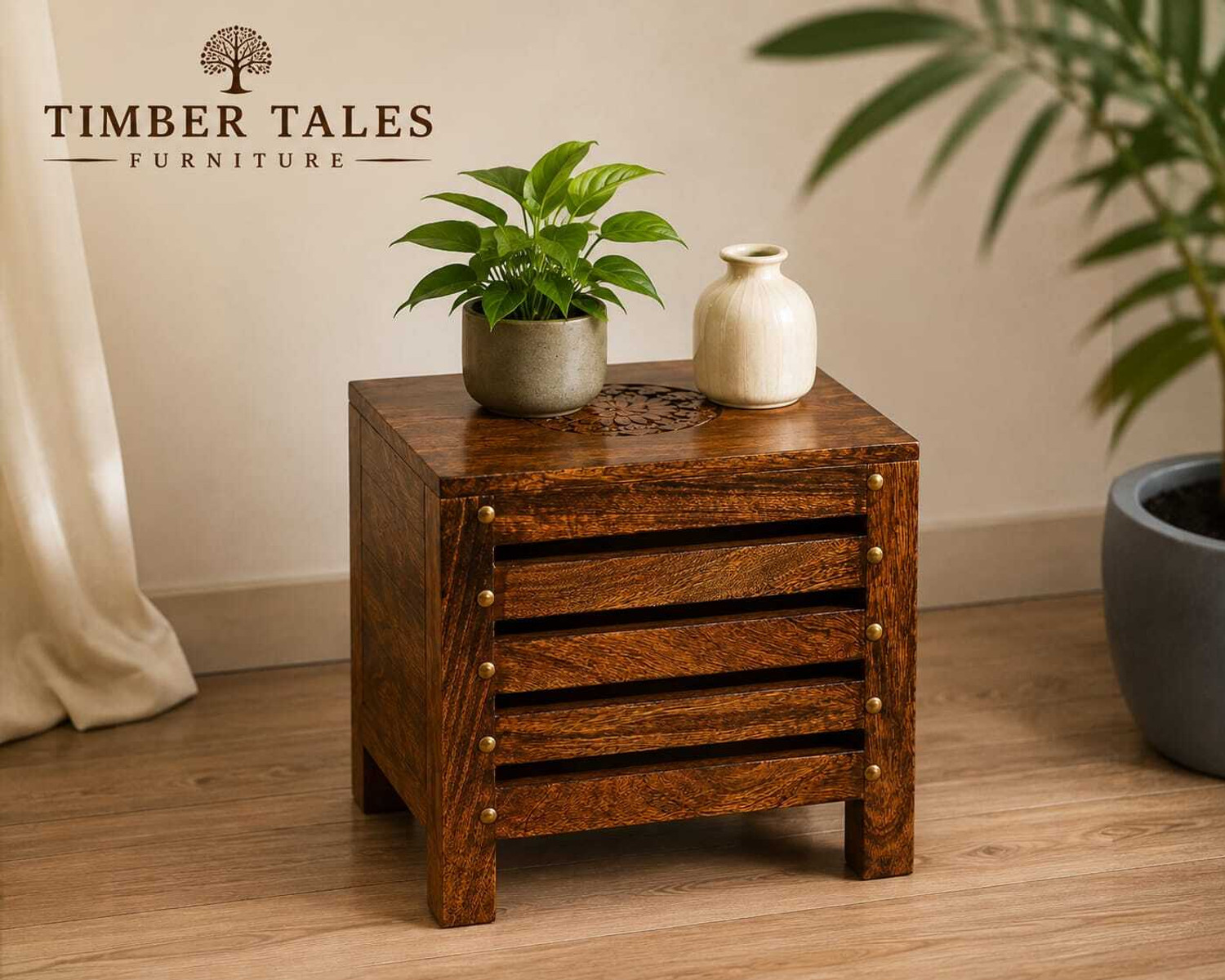 Image of Timber Tales Wooden Stool Living & Bedroom Stool (Black, Pre-assembled)