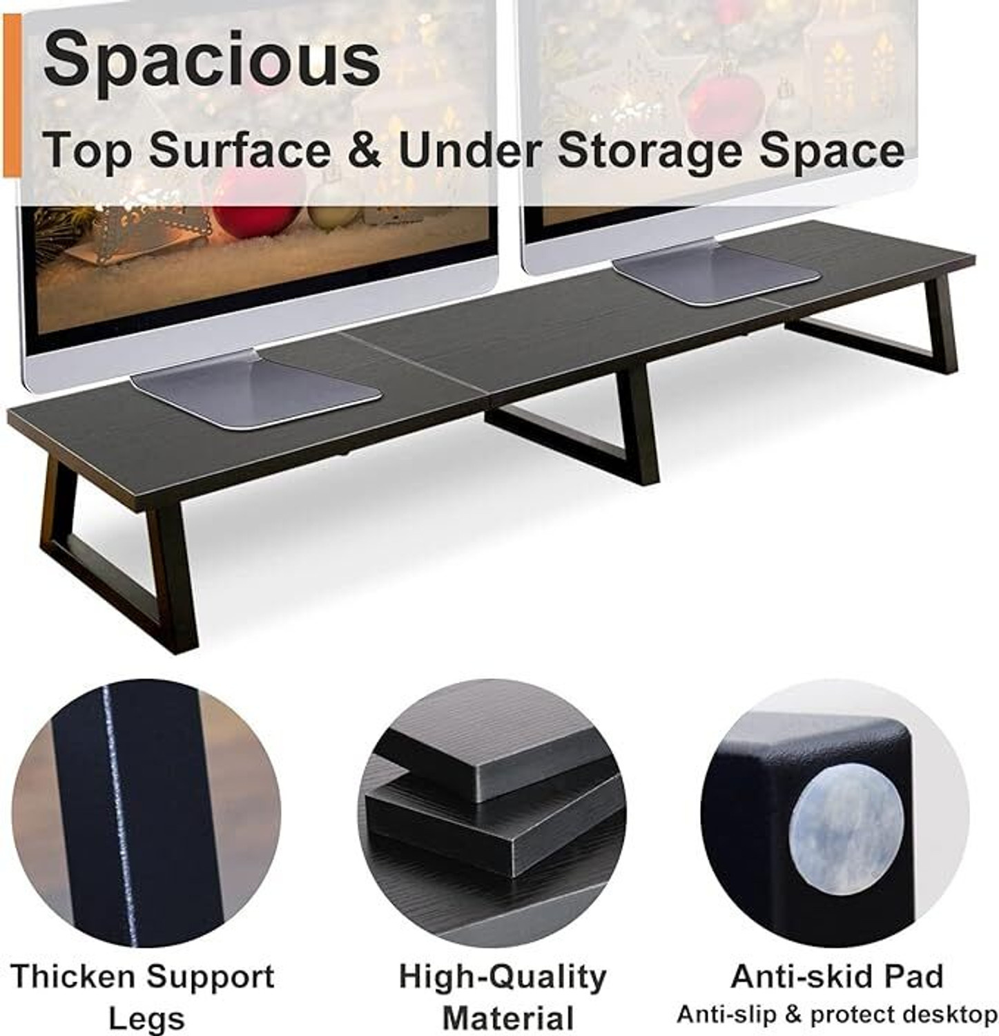 Image of Indian Decor XL652 Classic Black 42 inch Dual Monitor Riser,Long Monitor Stand for 2 Monitors Living & Bedroom Stool