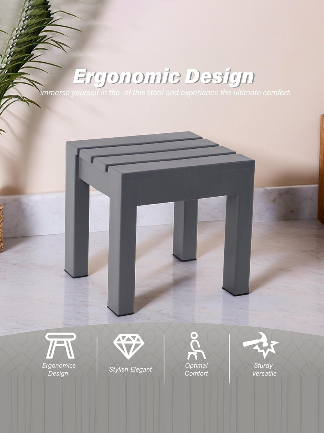 Image of KUBER INDUSTRIES Plastic Stool for Home Use | Anti Slip Bath Stools for Bathroom | Grey Stool