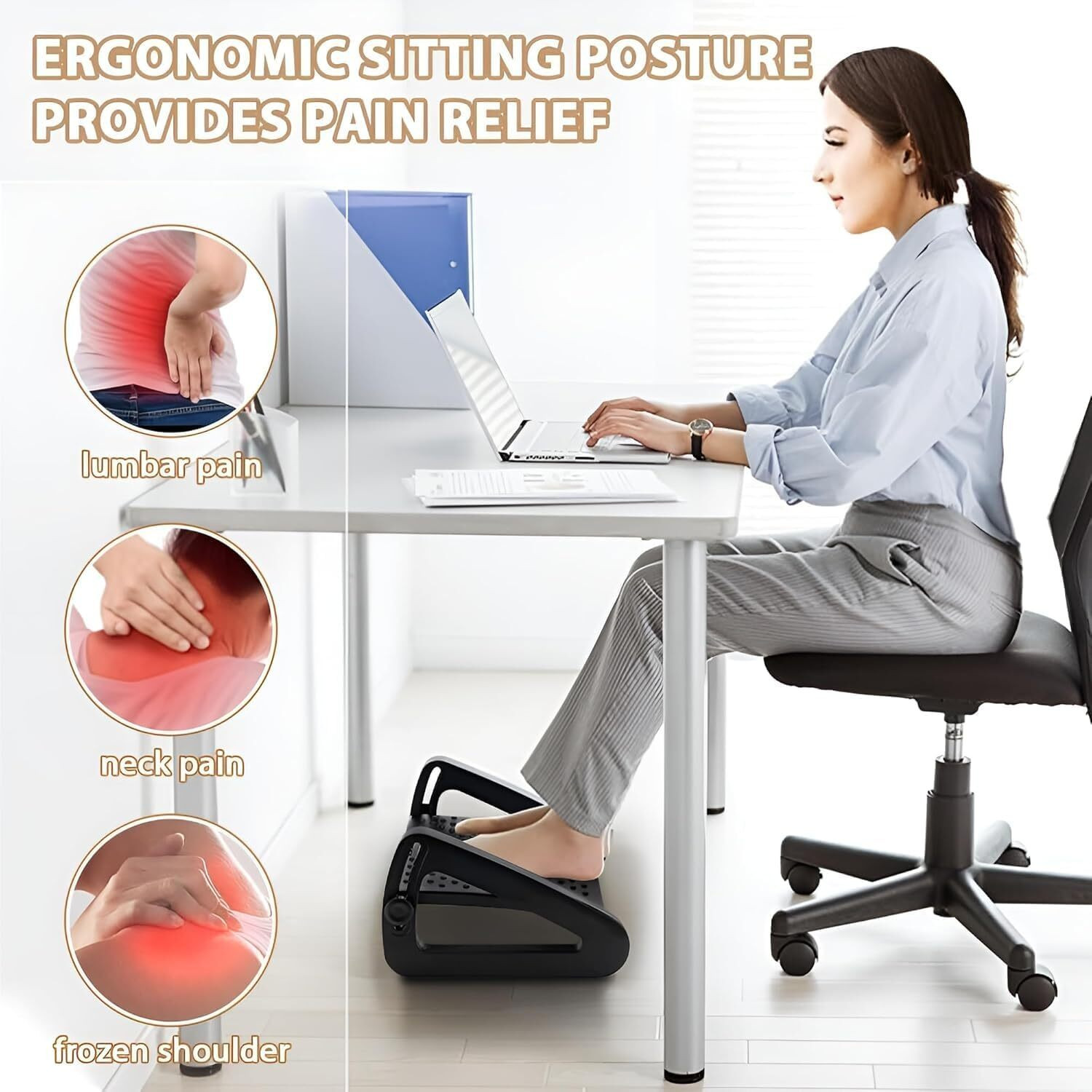 Image of KRIYAKAL Adjustable Ergonomic Foot Rest For Office Chair, Massage Rollers ( G-BLACK ) Foot Rest