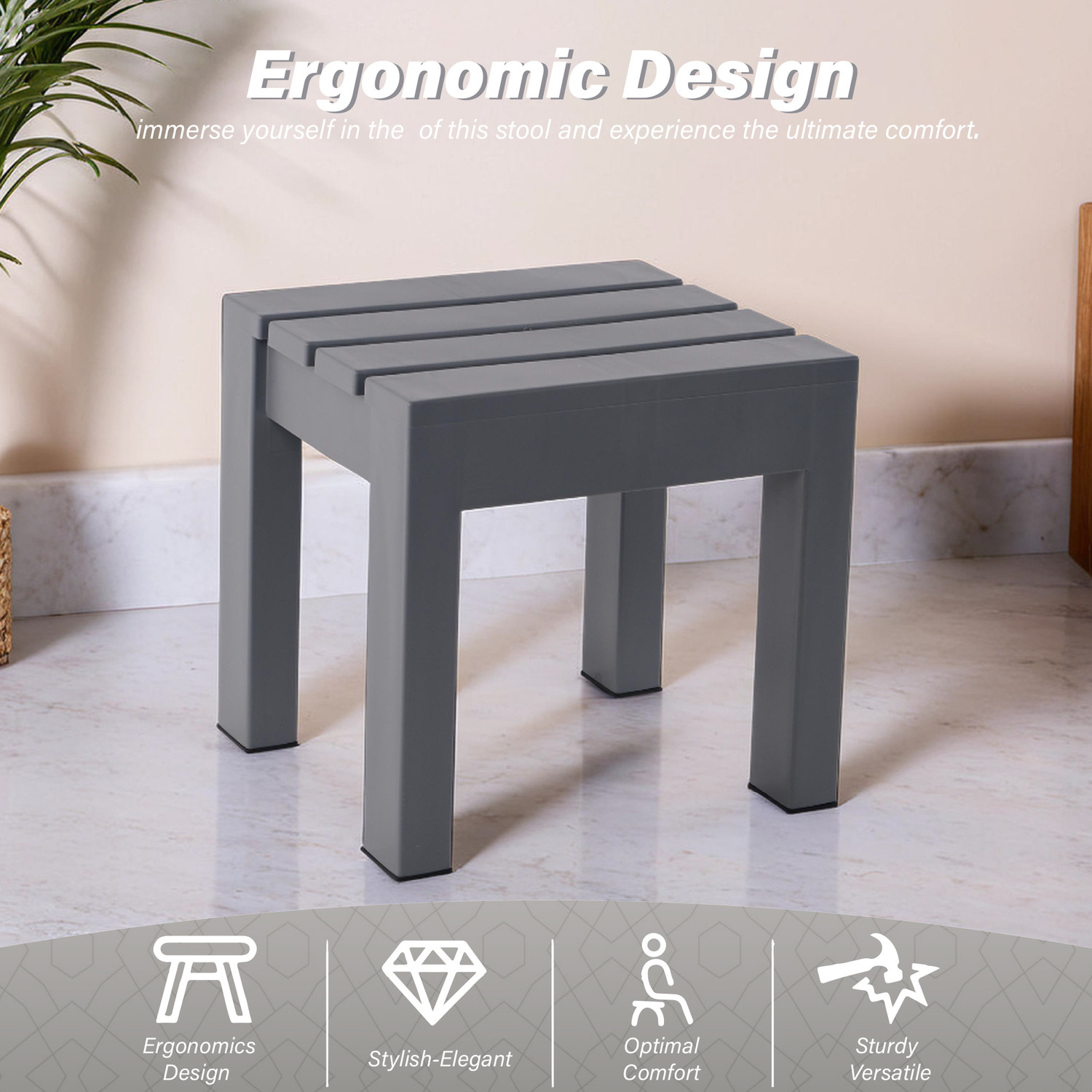 Image of KUBER INDUSTRIES 2 Pcs Plastic Stool for Home Use | Anti Slip Bath Stools for Bathroom | Grey Stool