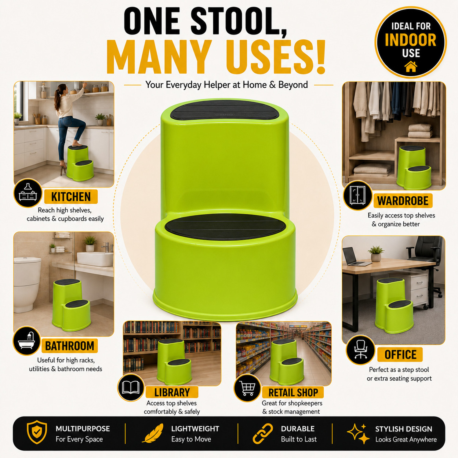 Image of TrendyLivings Mango Murfi Step Stool for Kitchen, Home, Office Multipurpose 2 Step Living & Bedroom Stool