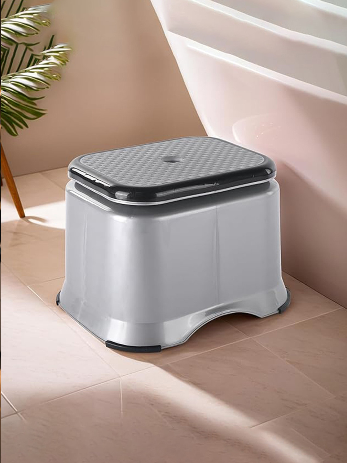 Image of KUBER INDUSTRIES Ultra 10 Multiuses Portable Plastic Bathroom Sitting Stool Bathroom Stool (Grey, Pre-assembled)