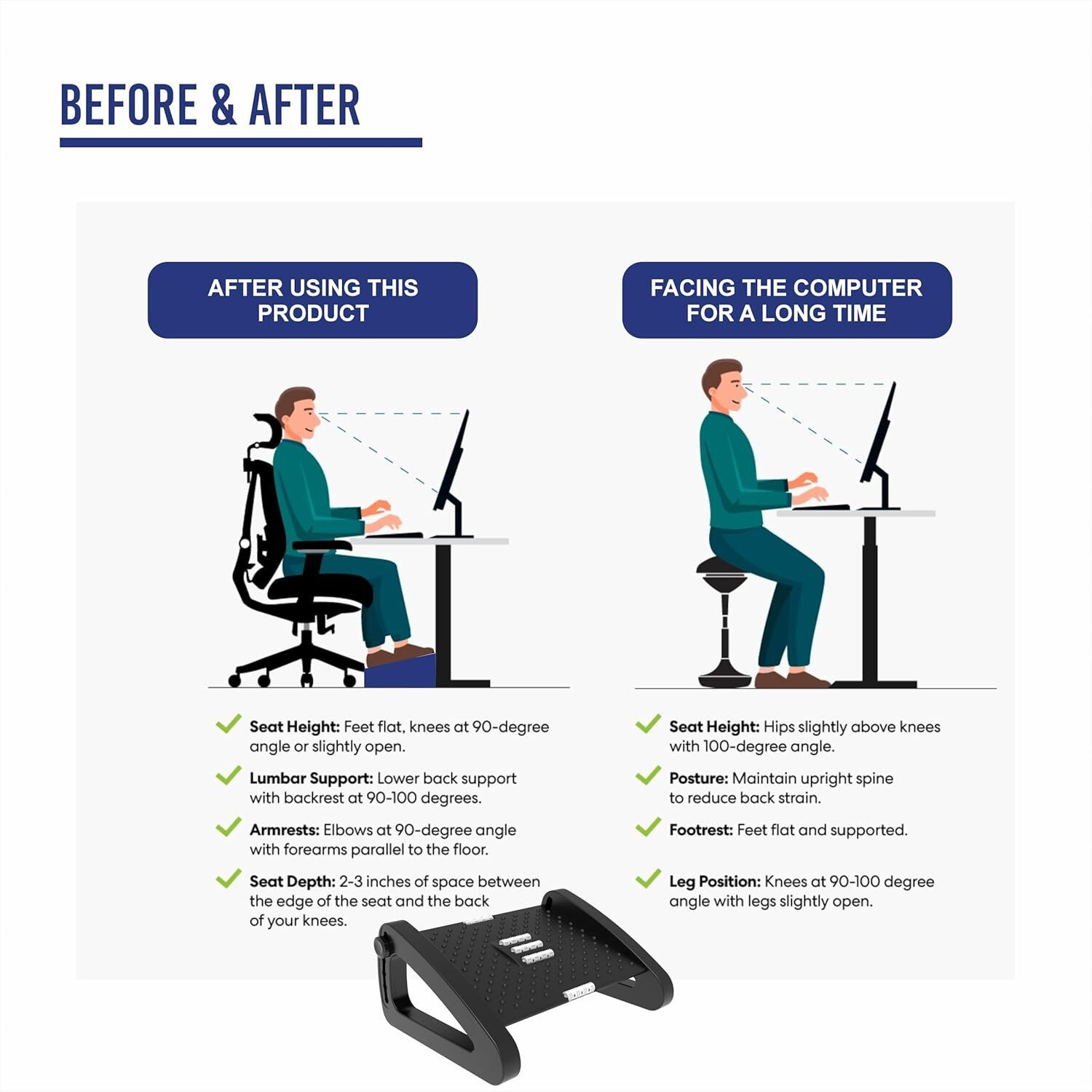 Image of KRIYAKAL Adjustable Ergonomic Foot Rest For Office Chair, Massage Rollers ( G-BLACK ) Foot Rest