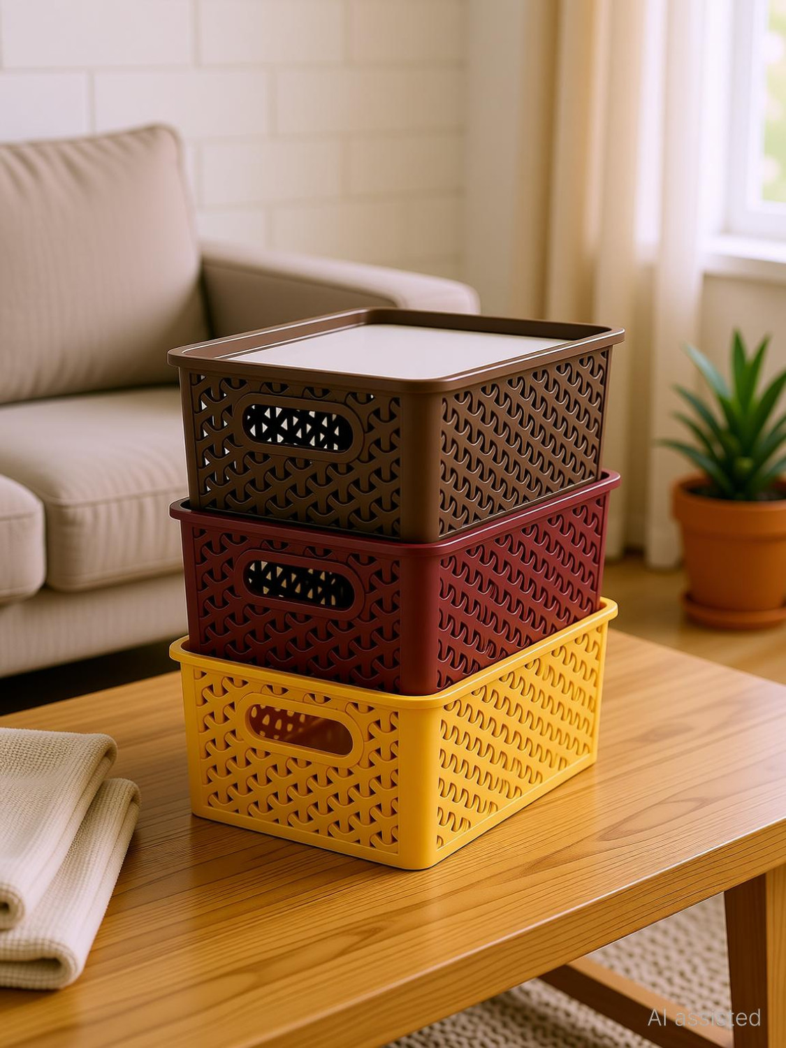 Image of STREPTO Plastic Modular Plastic Organizer Basket with Lid Set of 3 for Medicine Storage Basket