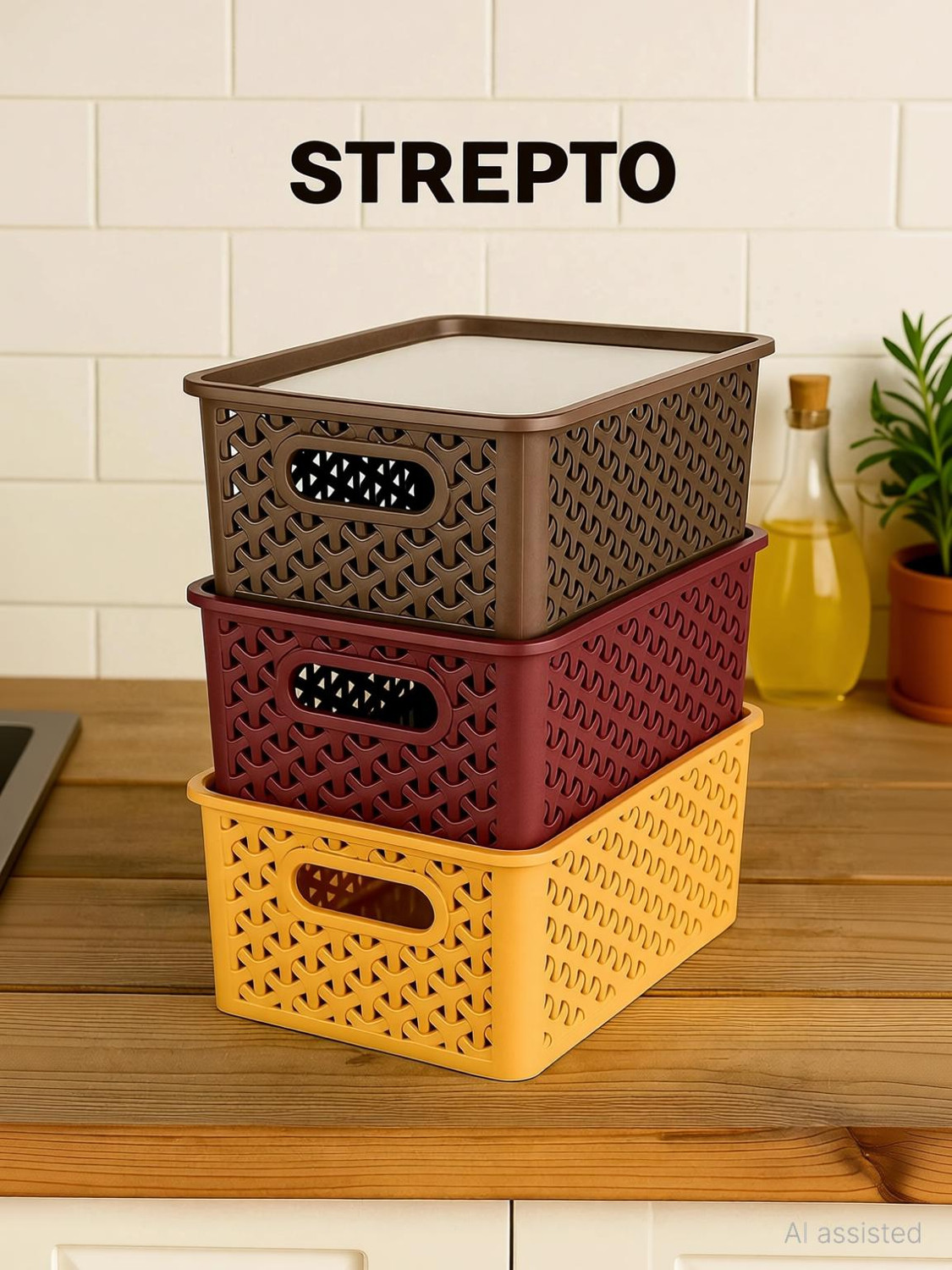Image of STREPTO Plastic Modular Plastic Organizer Basket with Lid Set of 3 for Medicine Storage Basket