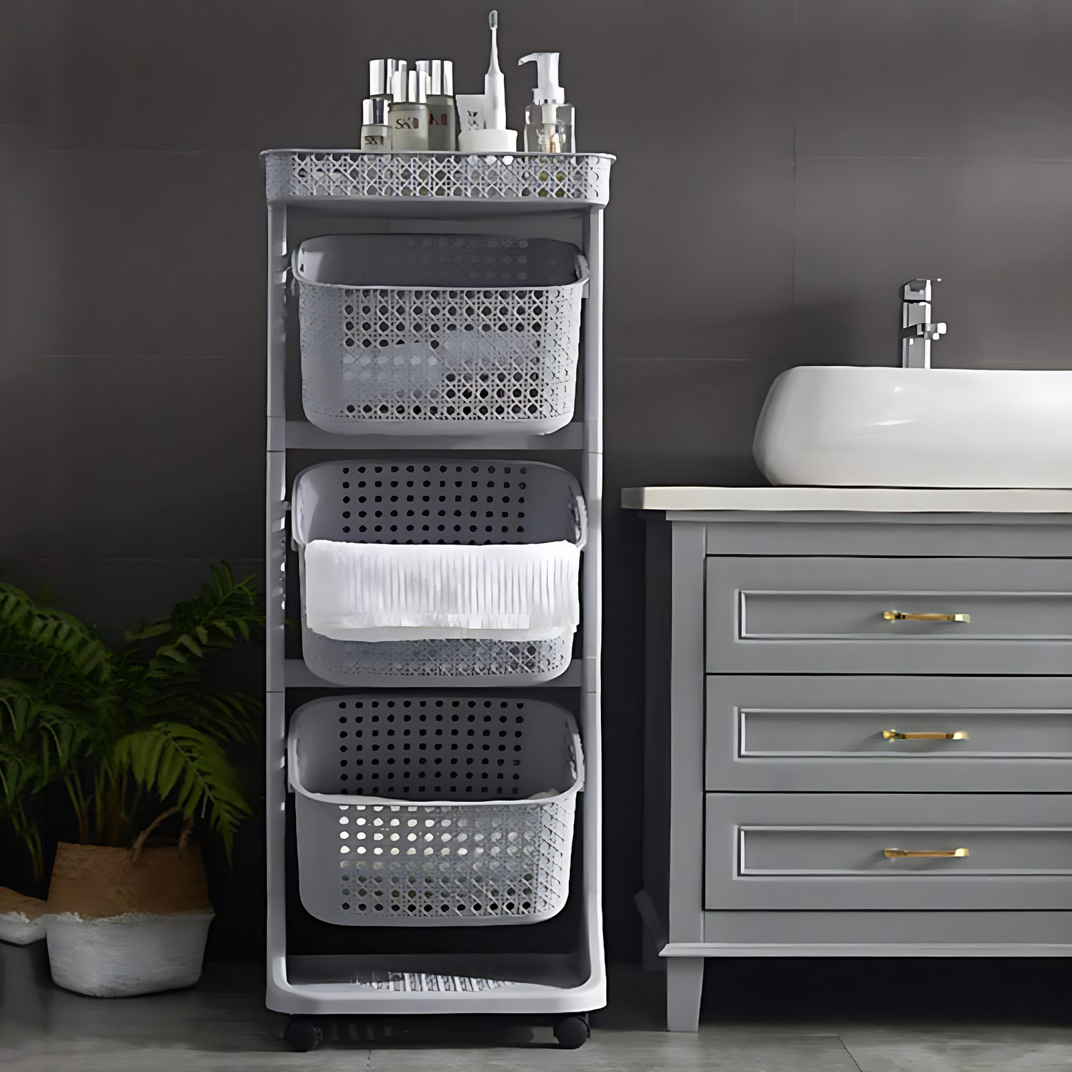 Image of AJAAQI Clab 4 Layers Multipurpose Storage Basket Rack Vegetable with Wheel Plastic Fruit & Vegetable Basket