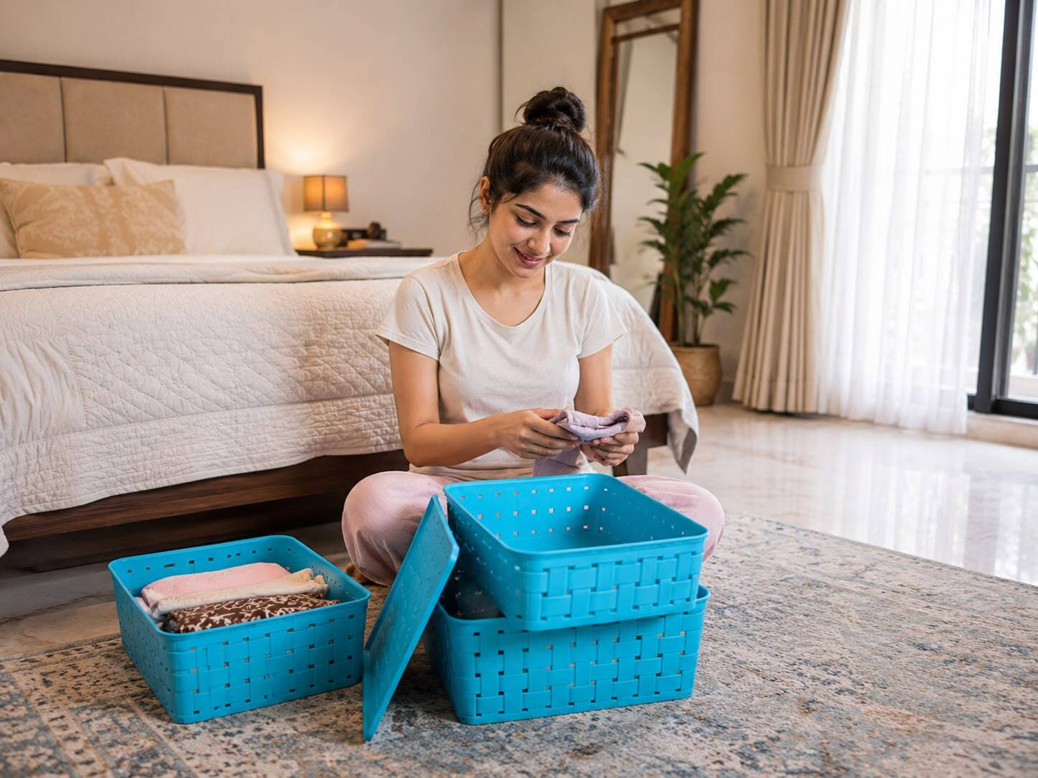 Image of STREPTO Plastic Organizer Baskets for Kitchen, Bathroom & Shelves- Blue Assorted Sizes Storage Basket