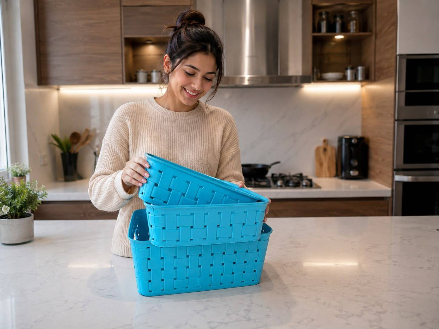 Image of STREPTO Plastic Organizer Baskets for Kitchen, Bathroom & Shelves- Blue Assorted Sizes Storage Basket