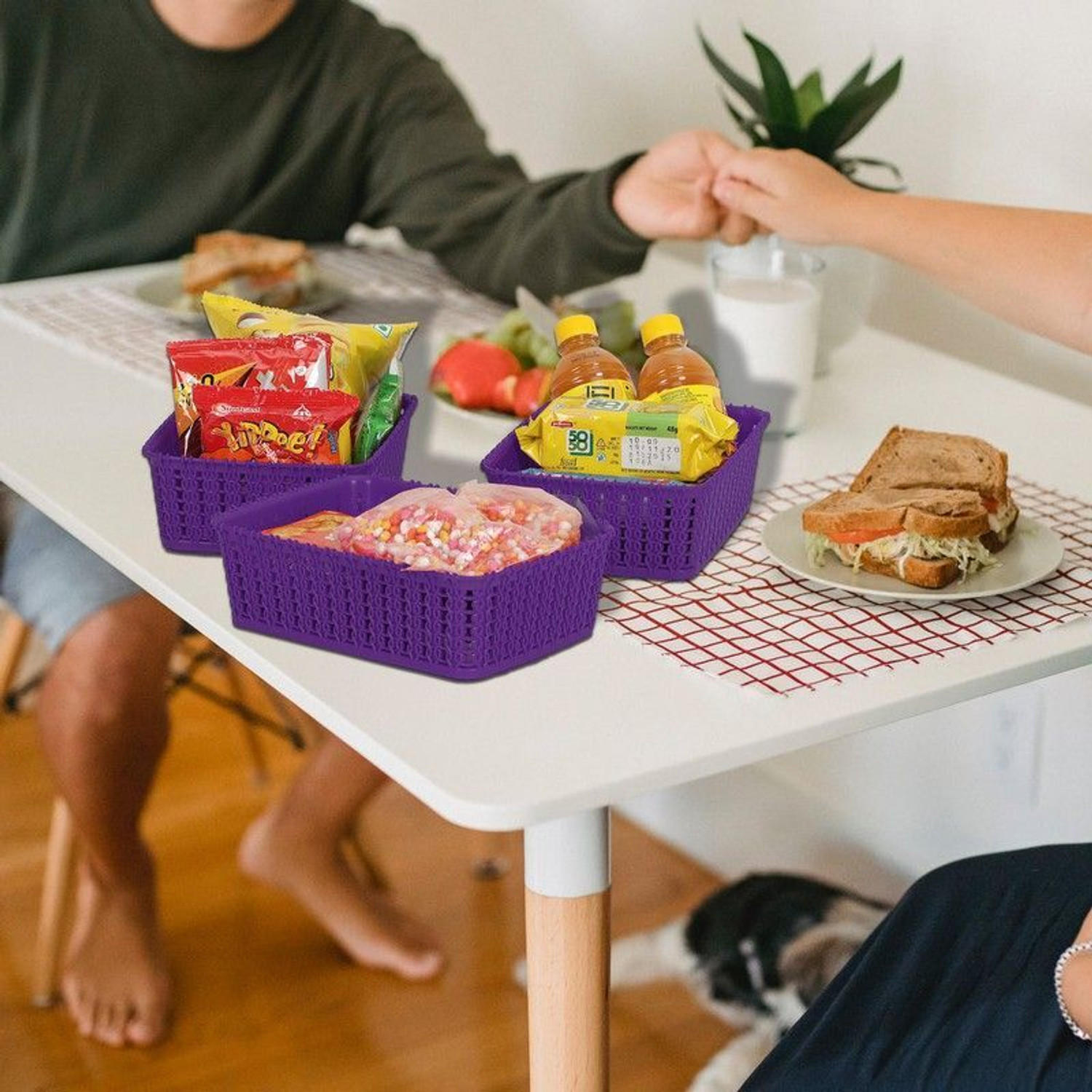 Image of Cutting EDGE Plastic Set of 3 | Mini | Purple | Multipurpose Sturdy Woven Storage Baskets Organiser for Kitchen | Office | Stationery | Cosmetics | Accessories Baskets Storage Basket