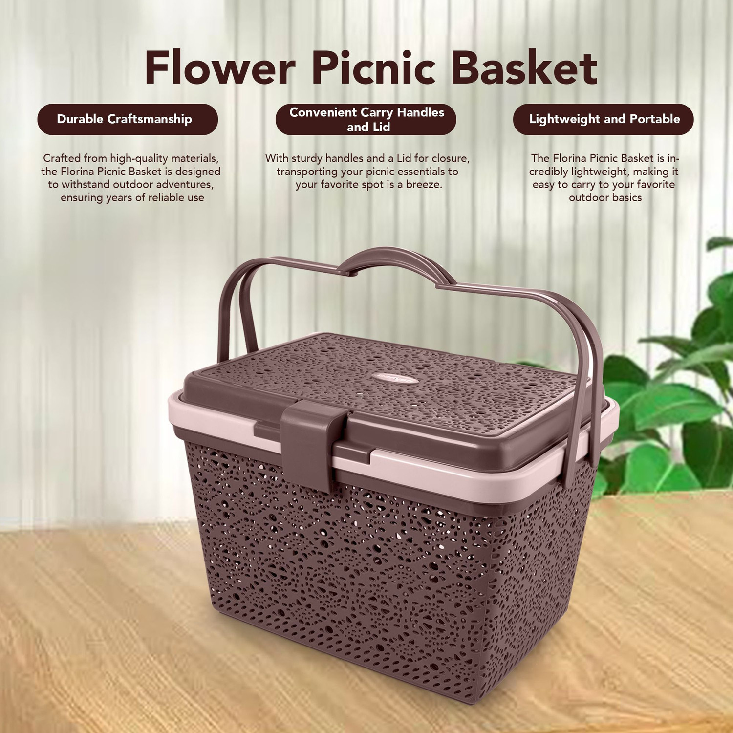 Image of NAYASA Plastic Flower Picnic Basket with lid | Plastic Shopping Storage Basket | Storage Basket