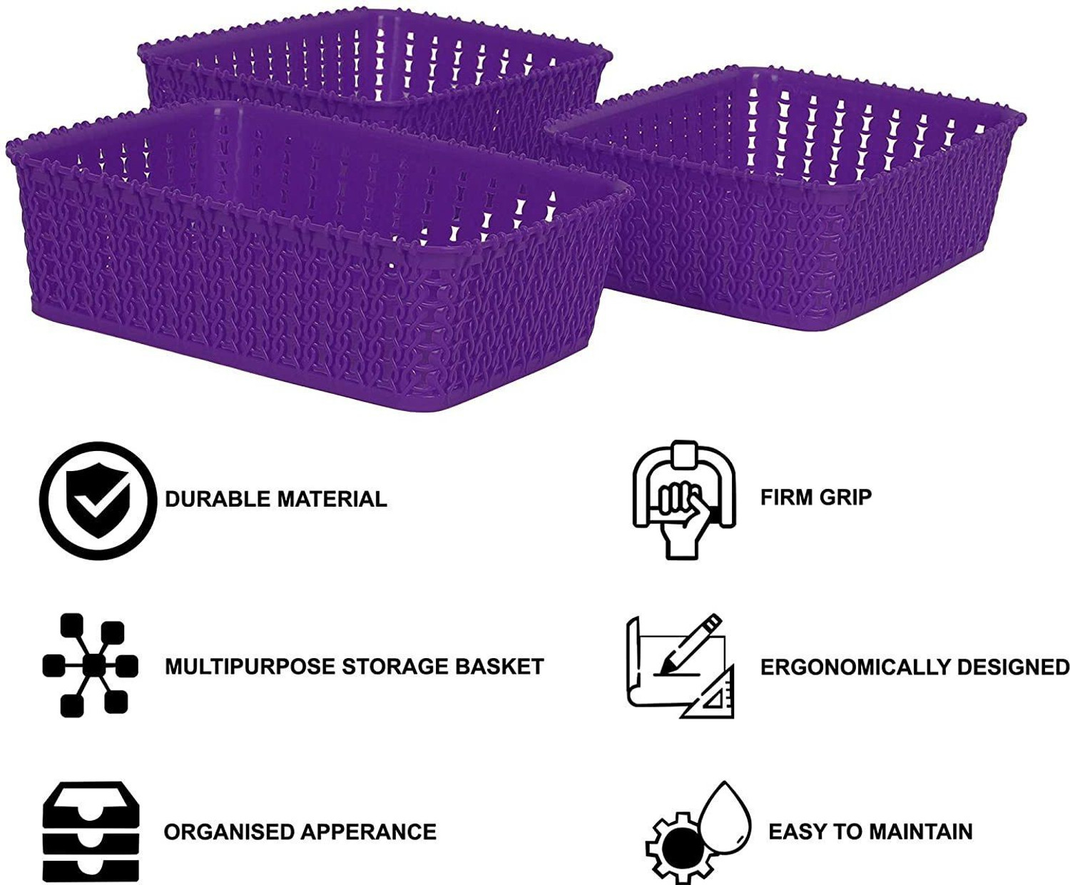 Image of Cutting EDGE Plastic Set of 3 | Mini | Purple | Multipurpose Sturdy Woven Storage Baskets Organiser for Kitchen | Office | Stationery | Cosmetics | Accessories Baskets Storage Basket