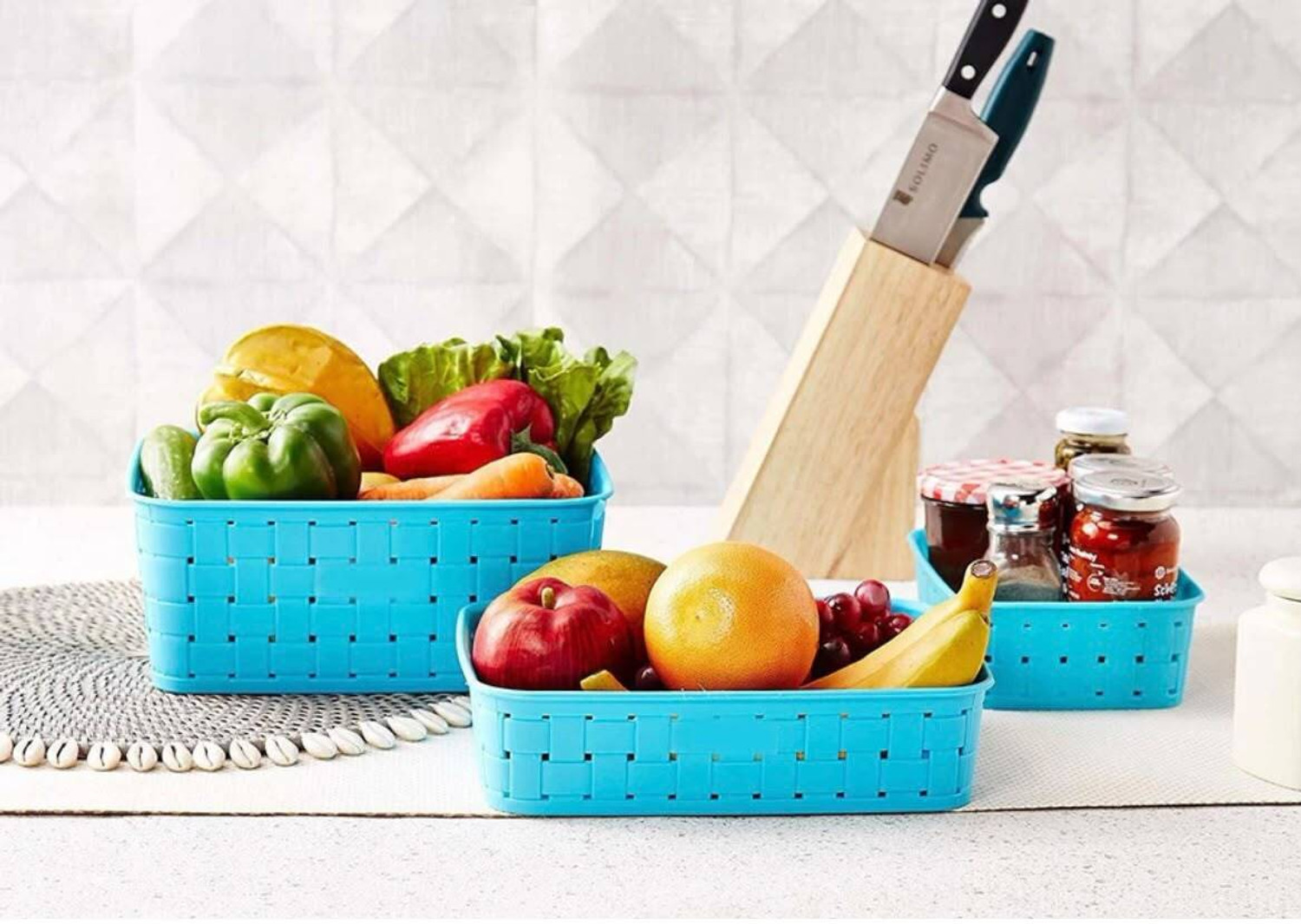 Image of STREPTO Plastic Organizer Baskets for Kitchen, Bathroom & Shelves- Blue Assorted Sizes Storage Basket
