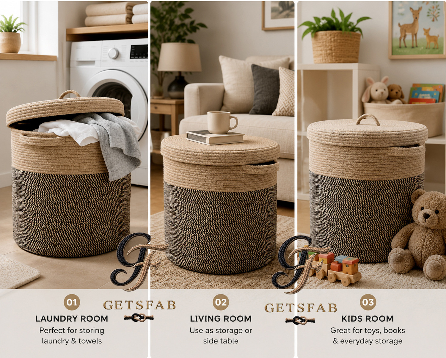 Image of ApnaCartStore Cotton, Jute Round Storage Basket with Lid Multi-Purpose Organizer Storage Basket