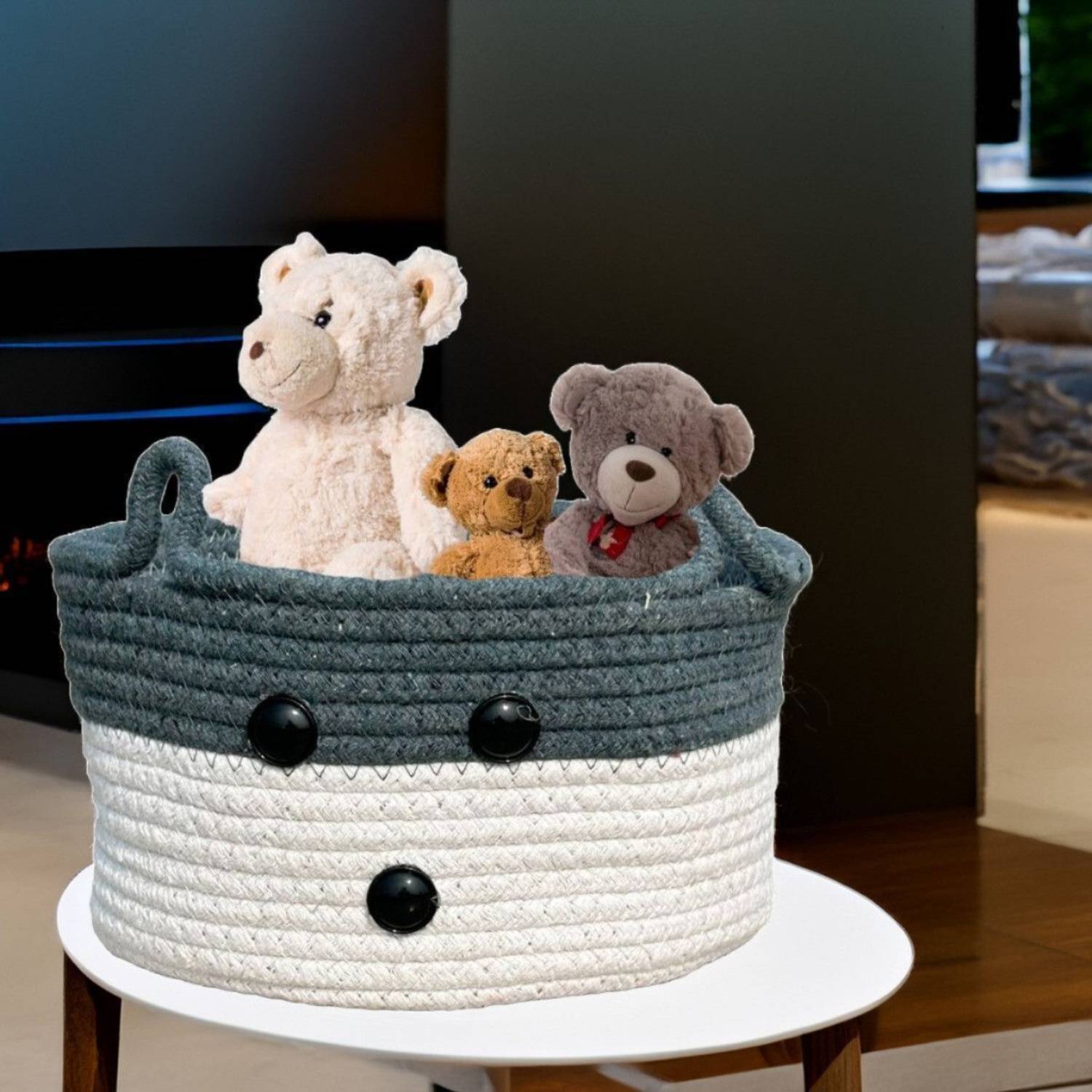 ADEQUATe Jute Jute backet, basket cute bunny face container ,white & grey boxes ,20*10 cm Storage Basket