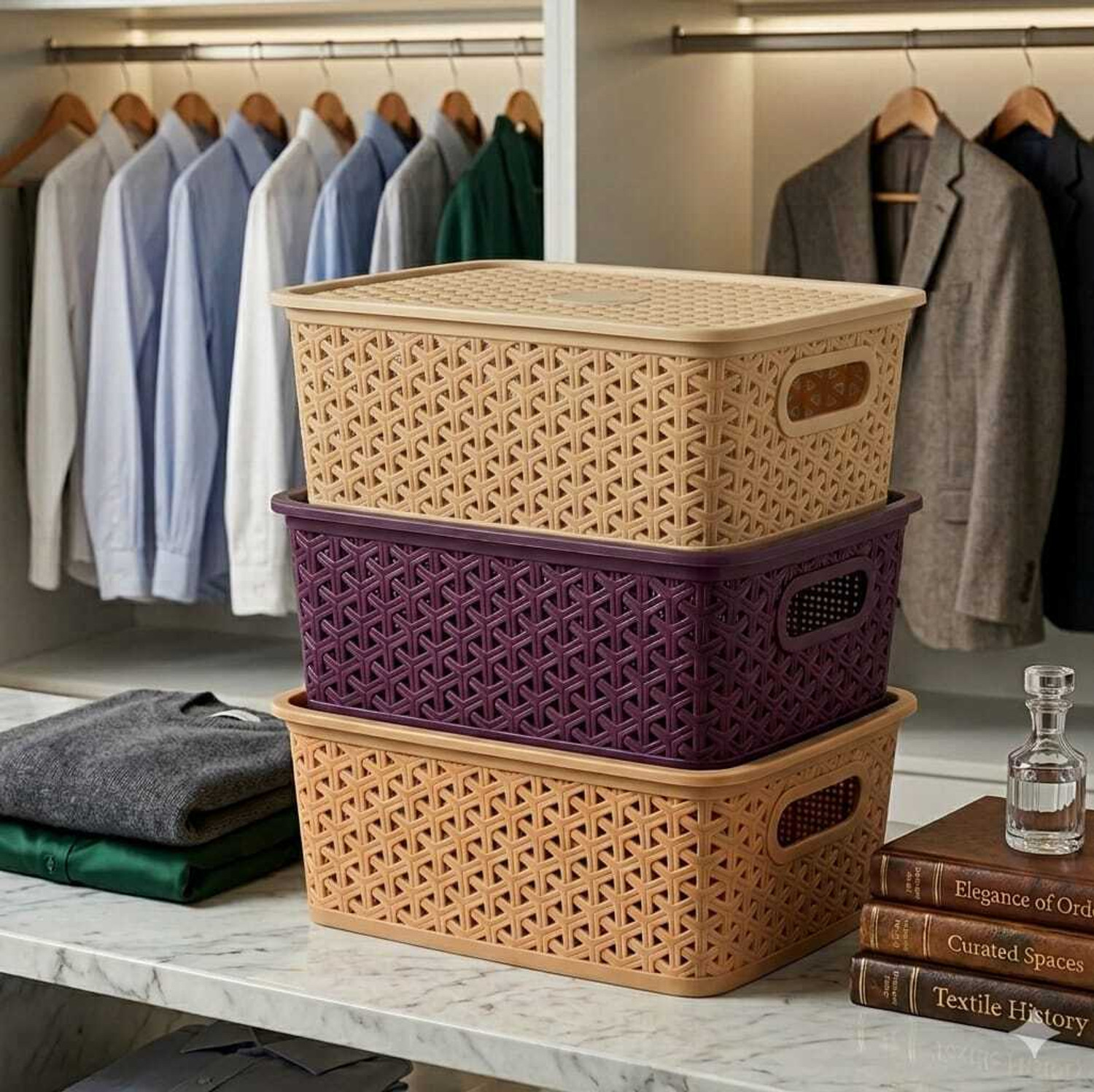 Image of NEXVORACART Plastic Multipurpose Storage Baskets With Lid ( Pack of 3) Storage Basket