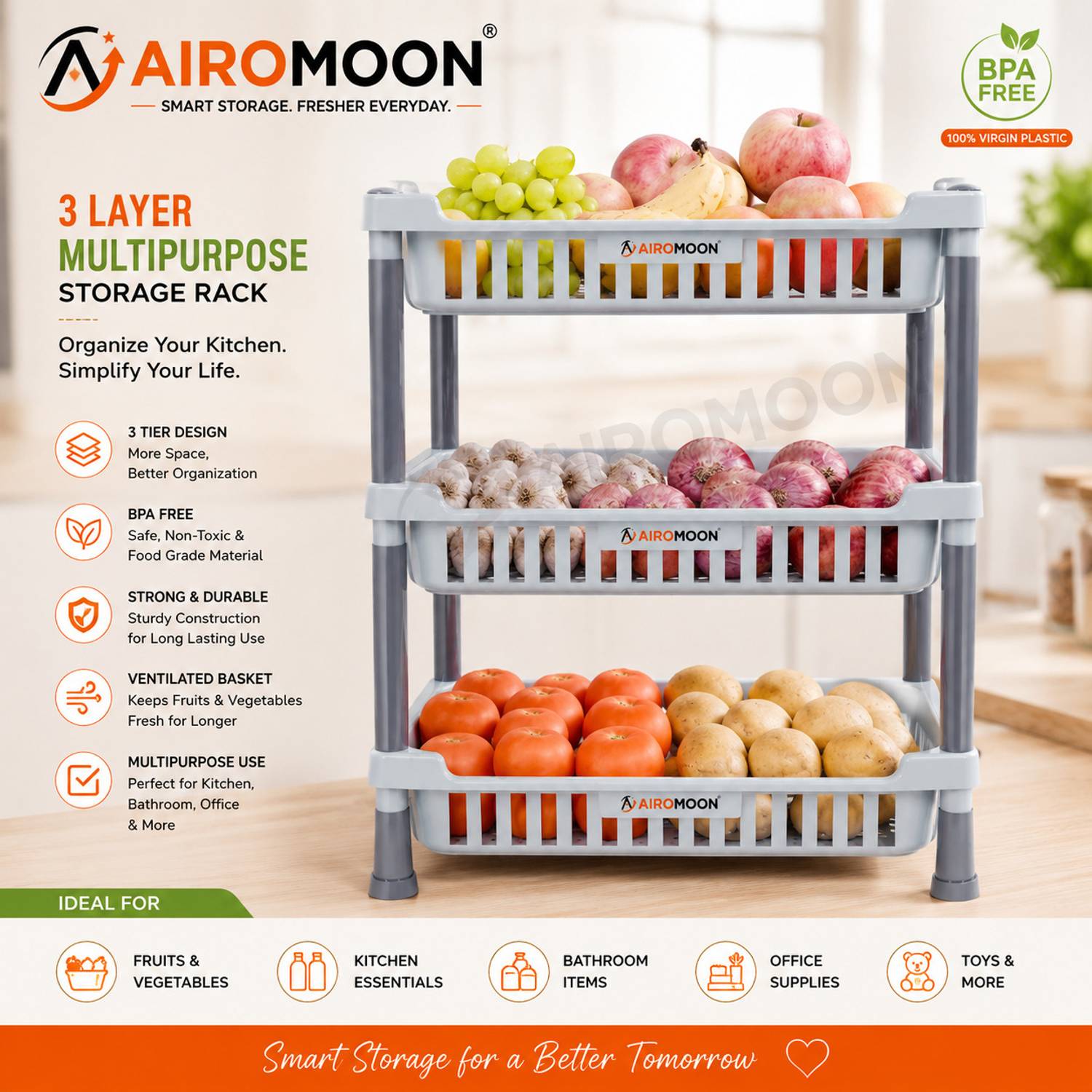 AIROMOON Plastic 3-Tier Multipurpose Vegetable & Fruit Storage Rack Storage Basket