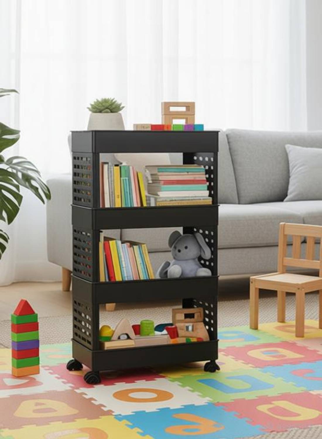 Surety for Safety Plastic 4 Compartments Plastic Trolley For Kids Toys Storage Basket