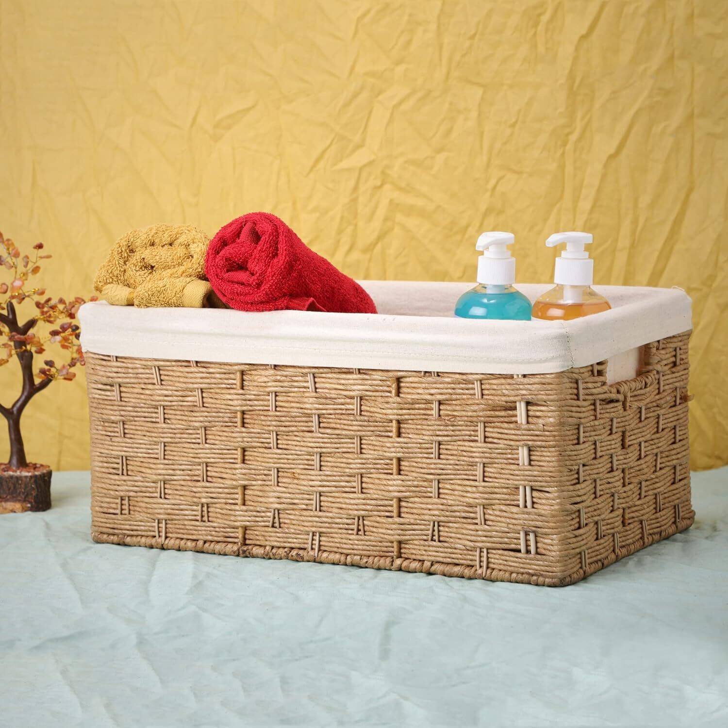 Akway Bamboo Handcrafted Rectangular Wicker Basket for Cloths, Storage Basket, Bin Organizer for Toiletry Cosmetic Towels Toys Bathroom Organizer Bamboo Wicker Basket (15 L x 10 W x 7 H) (Beige) Storage Basket