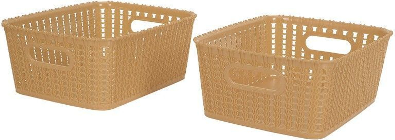 Image of Cutting EDGE Plastic Set of 2 | Small | Beige | Multipurpose Sturdy Woven Storage Baskets Organiser for Kitchen | Office | Stationery | Cosmetics | Accessories Baskets Storage Basket