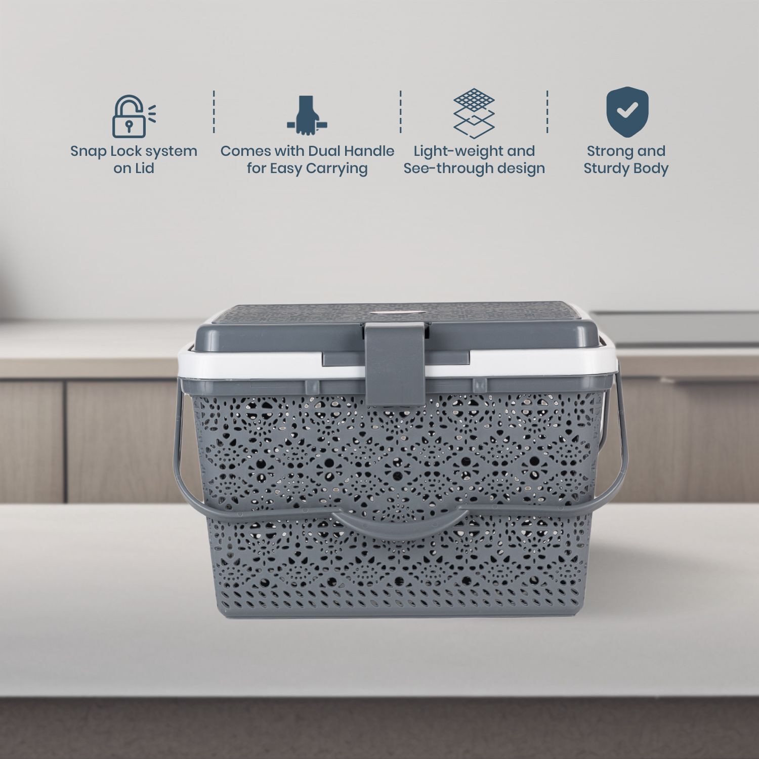 Image of NAYASA Plastic Flower Picnic Basket with lid | Plastic Shopping Storage Basket | Storage Basket
