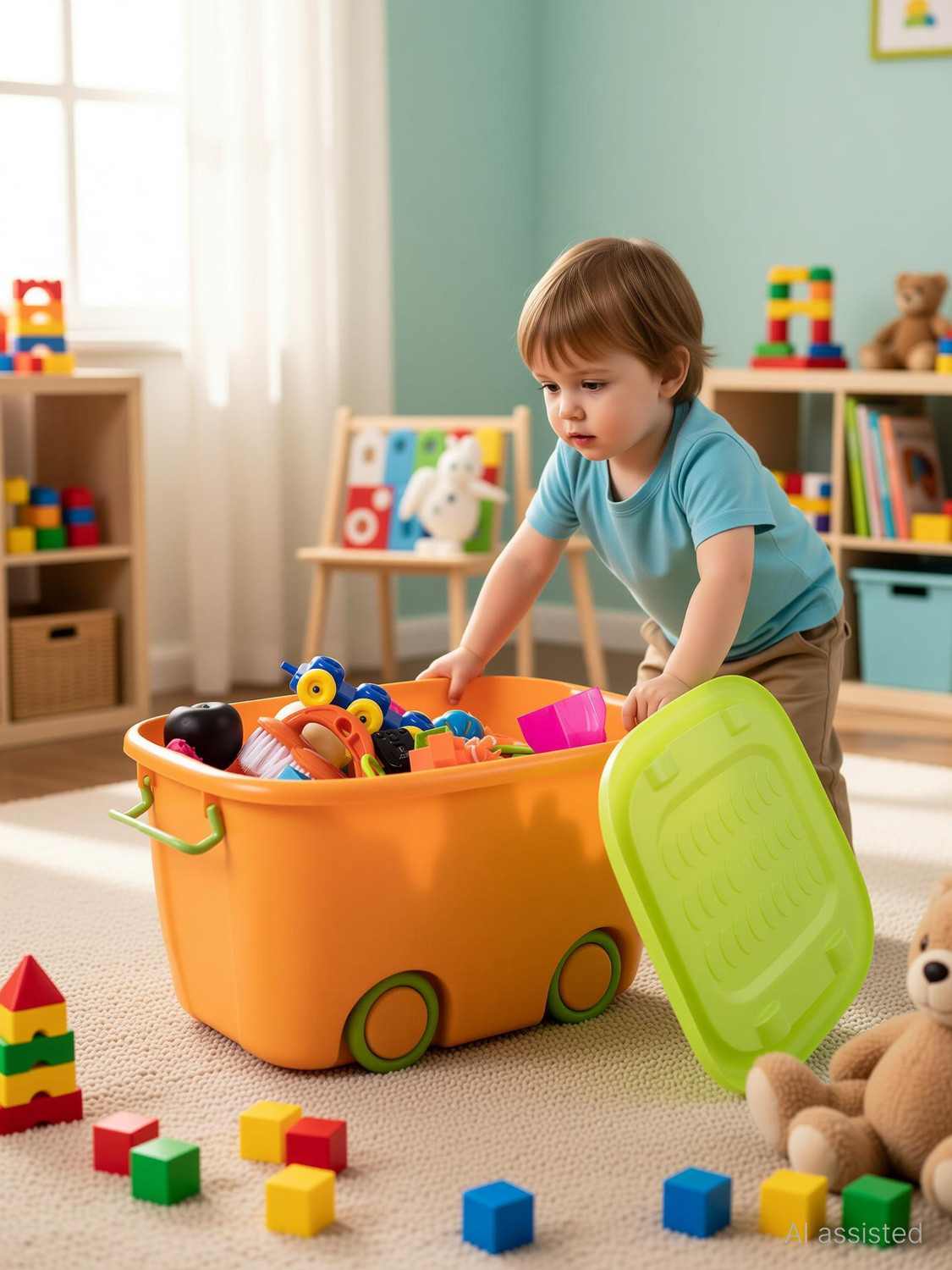 Image of Ginoya Brothers Plastic Children's Toy Storage Box With Lid,Handle And Wheels Large-Capacity Storage Basket