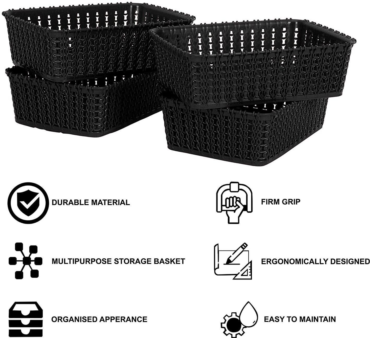 Image of Cutting EDGE Plastic Set of 4 | Mini | Black | Multipurpose Sturdy Woven Storage Baskets Organiser for Kitchen | Office | Stationery | Cosmetics | Accessories Baskets Storage Basket